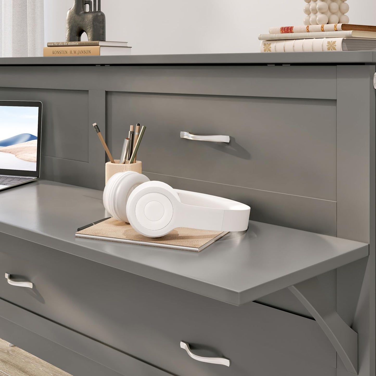 HomeStock Full Murphy Bed Desk with 6" Mattress & Built in Charger in Grey
