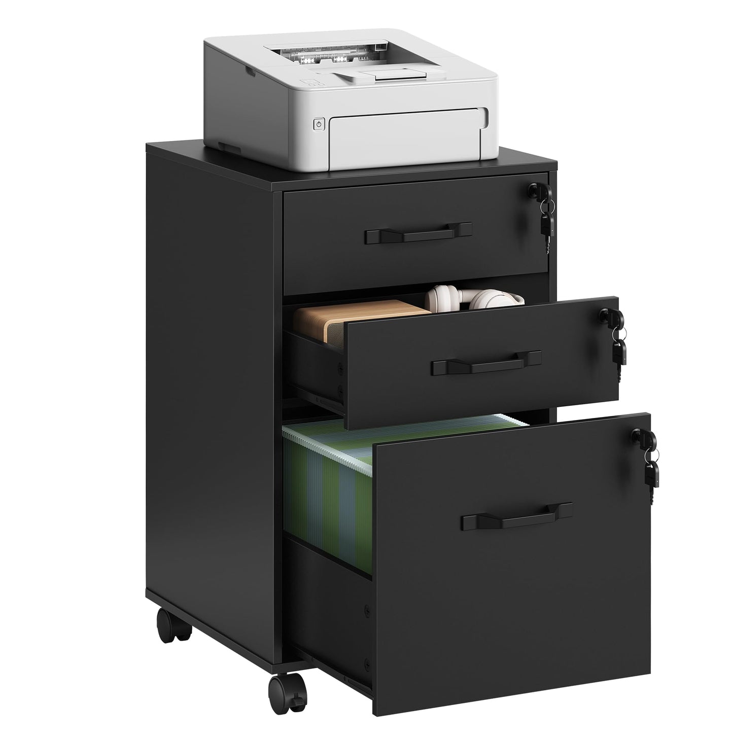VASAGLE Custos Collection - Mobile File Cabinet, 3 Drawers Filing Cabinet with Wheels, for Home Office, for A4, Letter Sized Documents, File Folders, Lockable, Ink Black UOFC084BC01S
