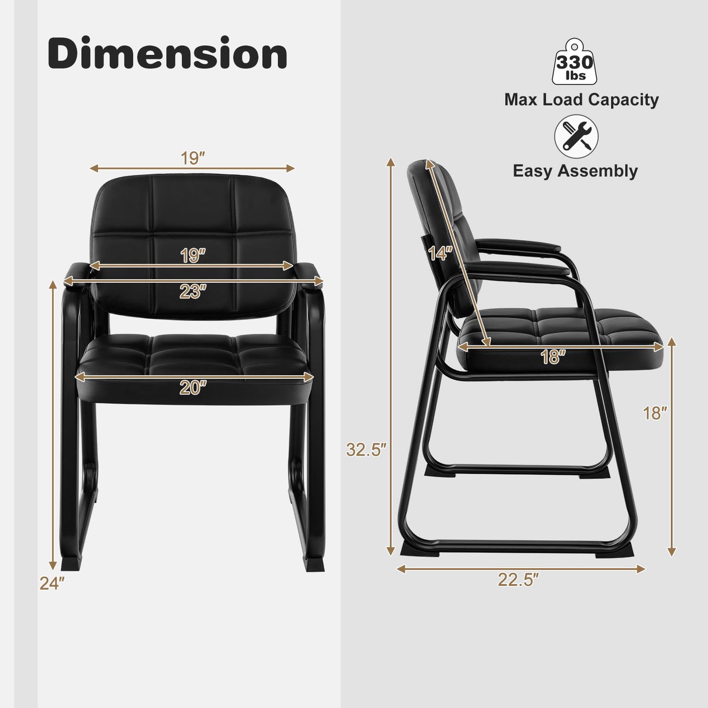 Giantex 2-Pack Waiting Room Chairs Set with Padded Seat & Armrests, Metal Frame, 330 Lbs Capacity, No Wheels Lobby Chairs for Conference Room, Meeting, Office, Reception & Office Guest Room, Black (1)