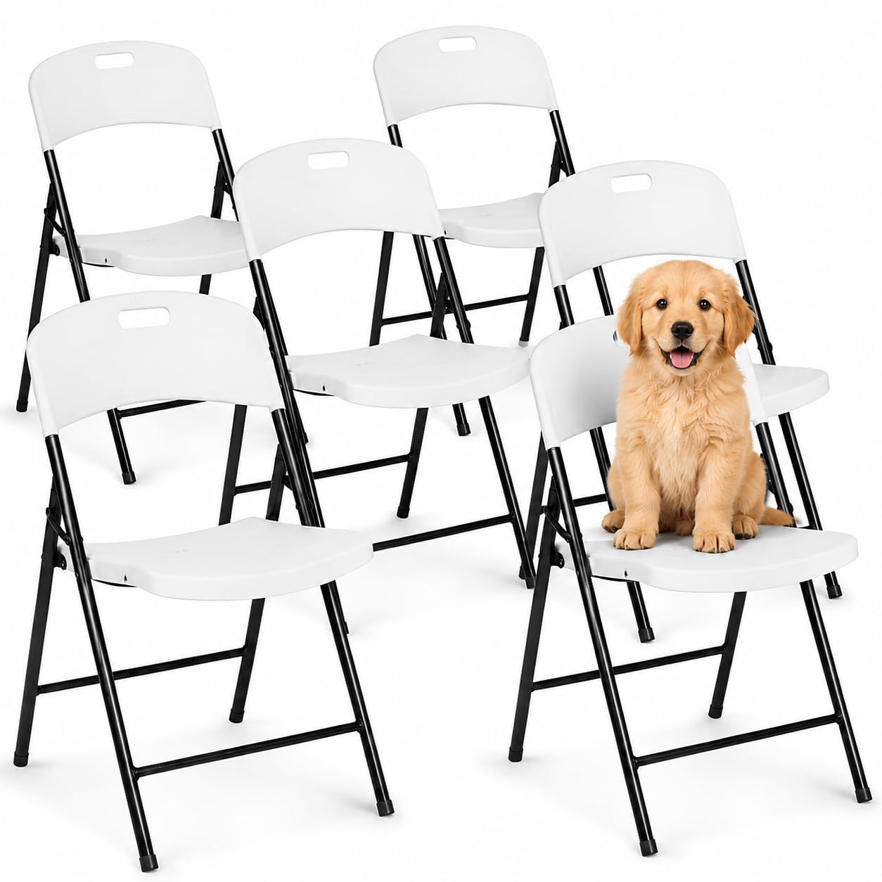 Oline Folding Chair, Indoor Outdoor Plastic Commercial Stackable Foldable Guest Chairs for Events Office Wedding Party Picnic Kitchen Dining, 350lb Capacity (White, 6 Pack)