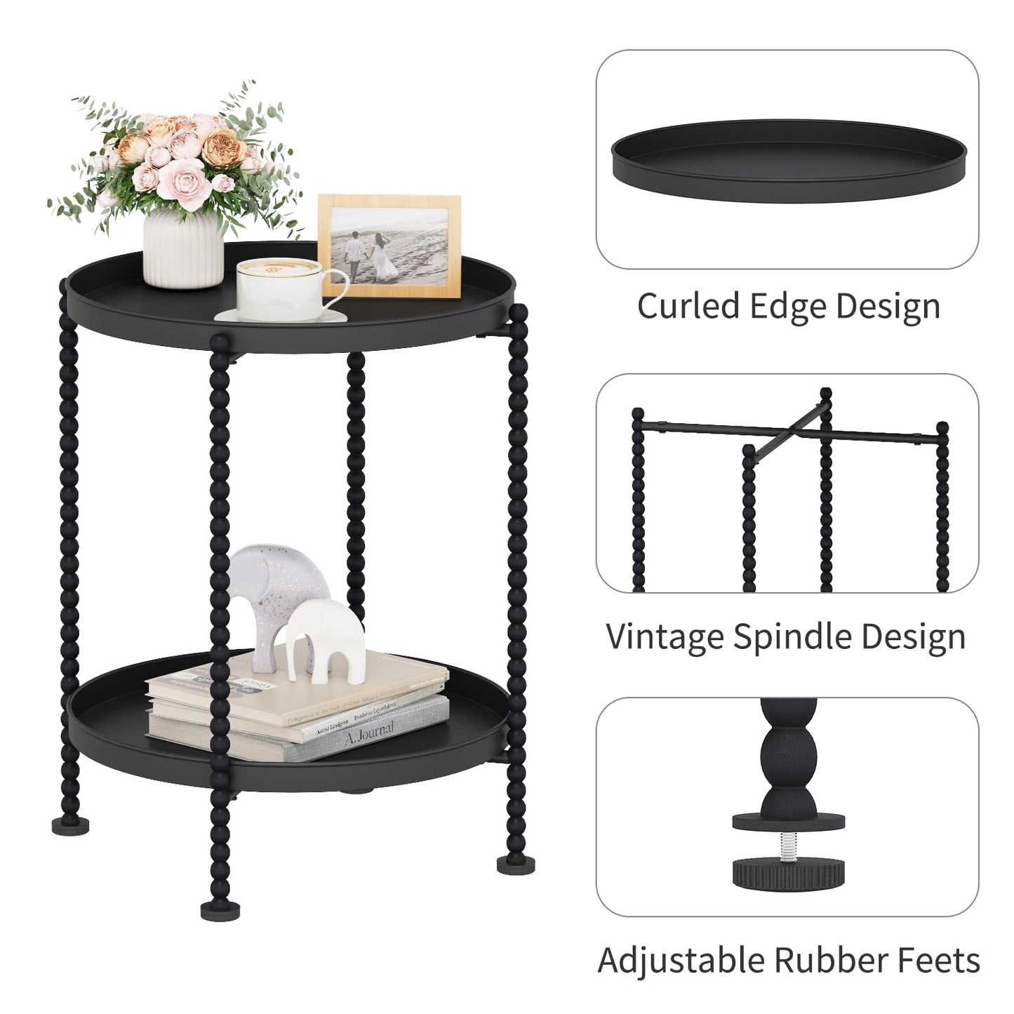 YINMIT 2 Tier End Table,Outdoor Metal Round Side Table,Waterproof Sofa Coffee Side Tables,Bedside Nightstand for Living Room, Bedroom, Office, Balcony