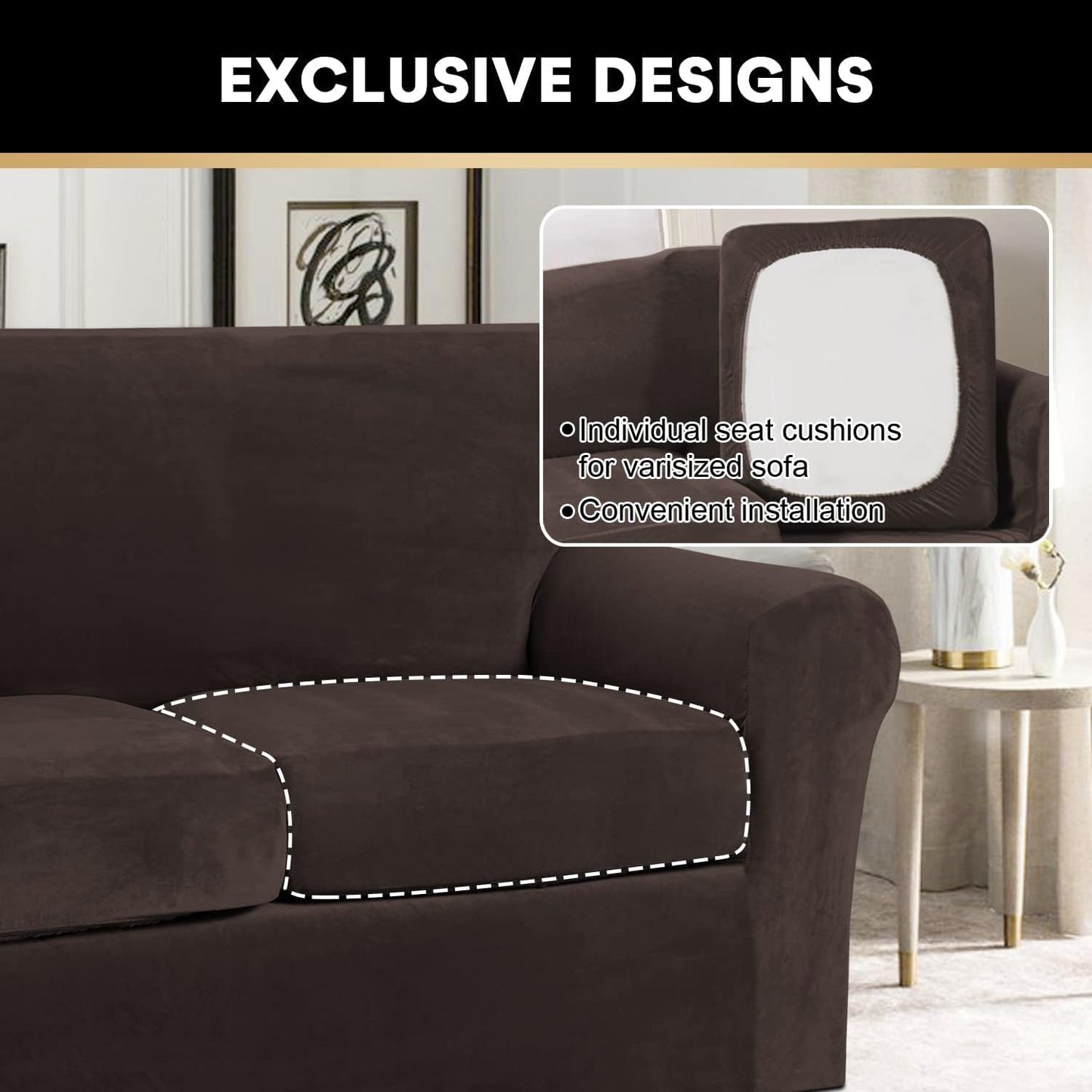 PrinceDeco Velvet Couch Cover Loveseat Covers for 2 Cushion Couch 3 Piece Sofa Covers for Dogs Washable Loveseat Covers Width Up to 72 Inch No Slip Stretch Sofa Slipcover (Medium, Brown)