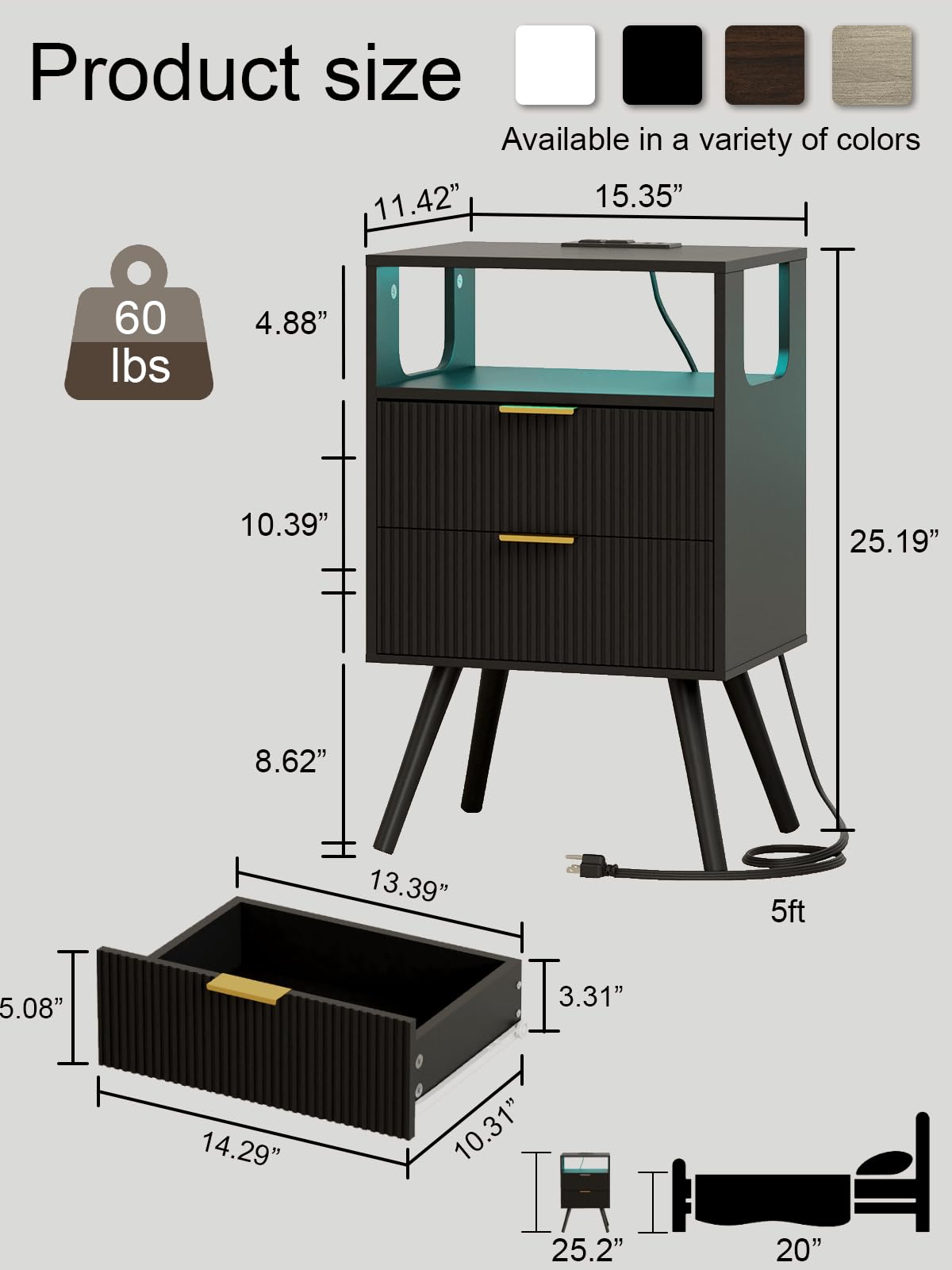 Leomonio Nightstand with Charging Station and LED Lights, Modern Bedside Table with 2 Storage Drawer and Open Wood Shelf for Bedroom and Small Spaces, Night Stand with Solid Wood Legs