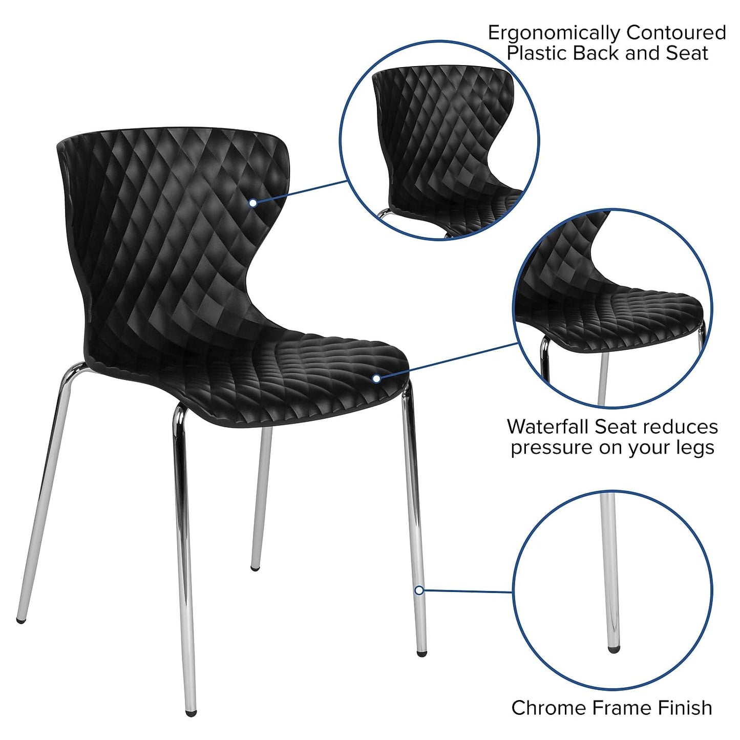 Flash Furniture Lowell Plastic Stacking Chairs for Waiting Rooms and Offices, Ergonomic Lobby Chairs with Patterned Back and Seat, Set of 4, Black