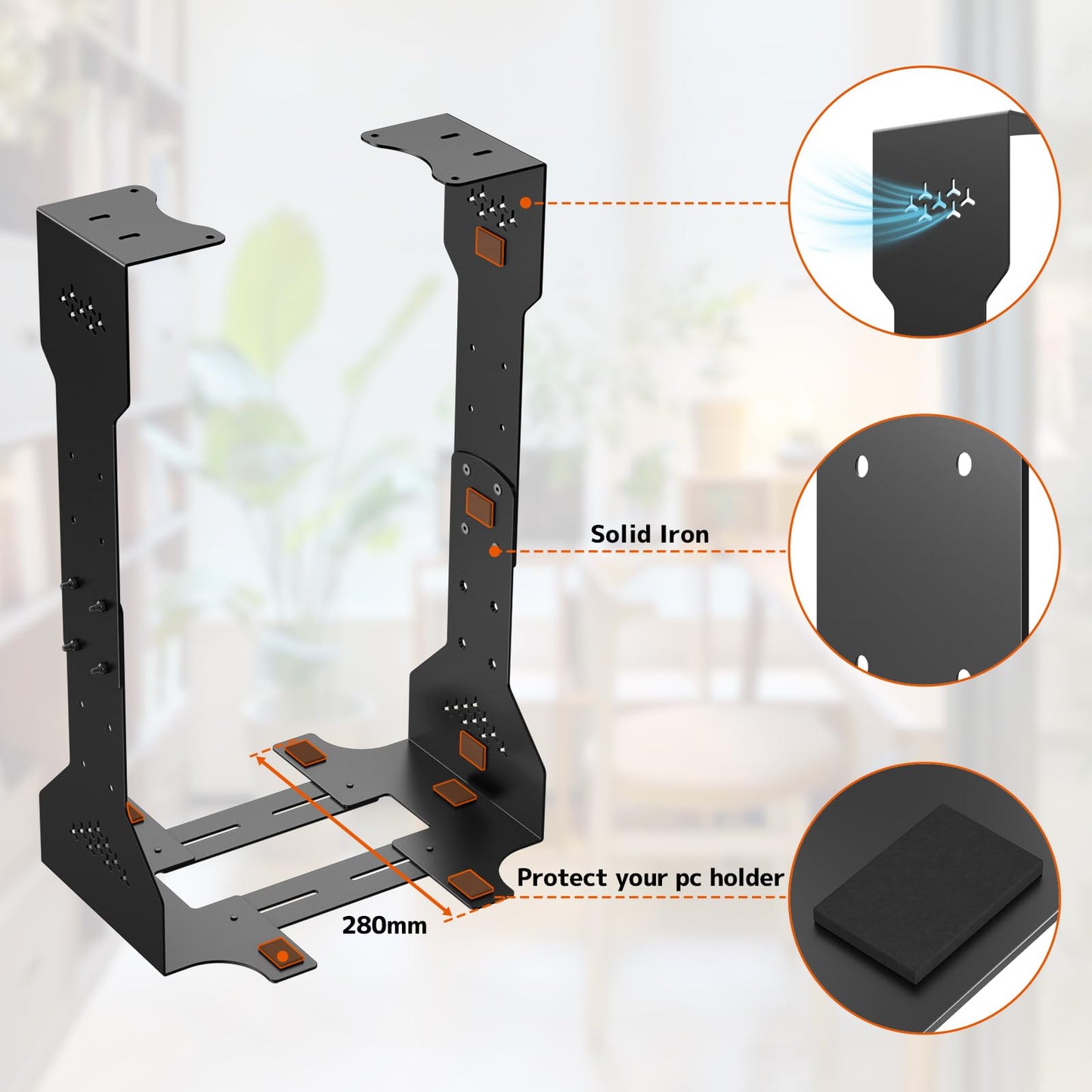 PUTORSEN Under Desk PC Mount, 7.9-13.4’’ Width Adjustable Computer Tower Stand, up to 77 lbs, with Protective Mats, for Mid/Mini-Tower Case in Office,Gaming, Laboratory and Home, Black