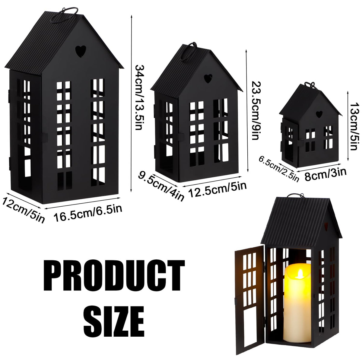 TRIROCKS Set of 3 Decorative Hanging Lanterns 13.5"&9.5"&5.5" H Gothic Street Town House Village Decor Candle Holders for Home Garden Yard Patio Gothic Parties Events Indoors Outdoors(Black)