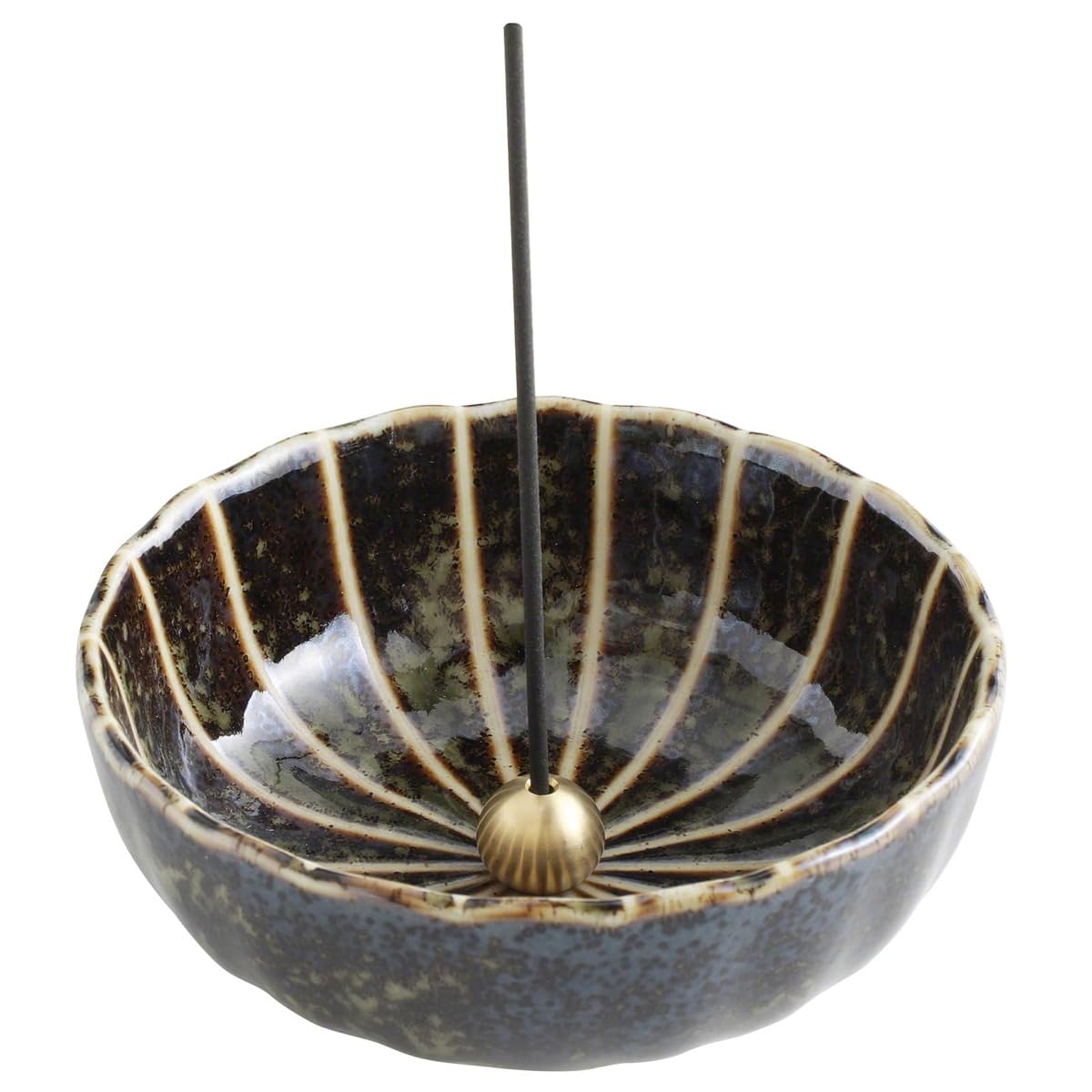 Asayu Japan Lotus Incense Holder for Sticks 4.1 inch (105mm), Traditional Made in Japan Ceramic Ash Catcher and Brass Incense Burner Set - Green Lotus