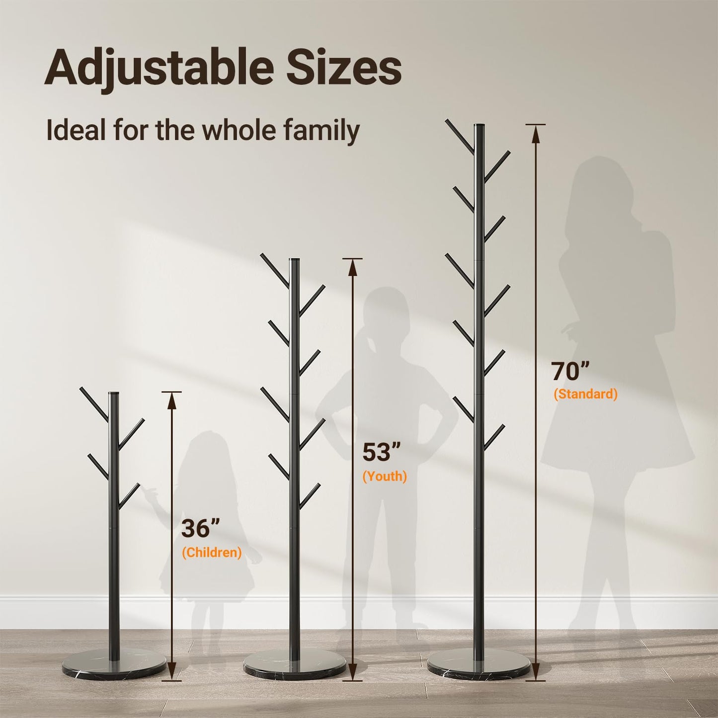 ELYKEN Coat Rack Freestanding with Natural Marble Base, Metal Coat Rack Stand with 10 Hooks, 3 Adjustable Size Coat Tree for Bags, Clothes, and Hats for Entryway, Bedroom, Hallway, Office, Black