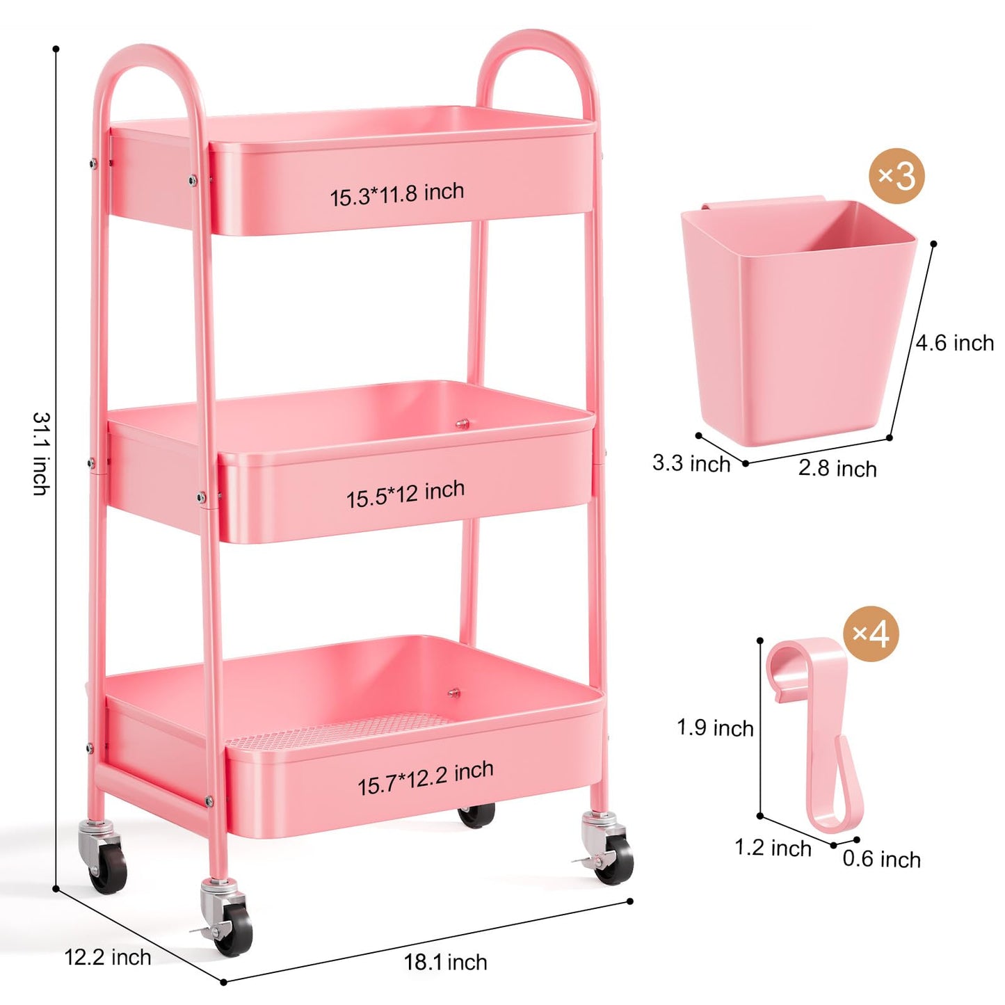3 Tier Metal Rolling Cart with Lockable Wheels and Handle, Three Tiered Pink Trolley Cart on Wheels, Utility Storage Organizer for Bathroom, Kitchen, Teachers, Art, Crafts, Baby Diaper, Snack, Nail
