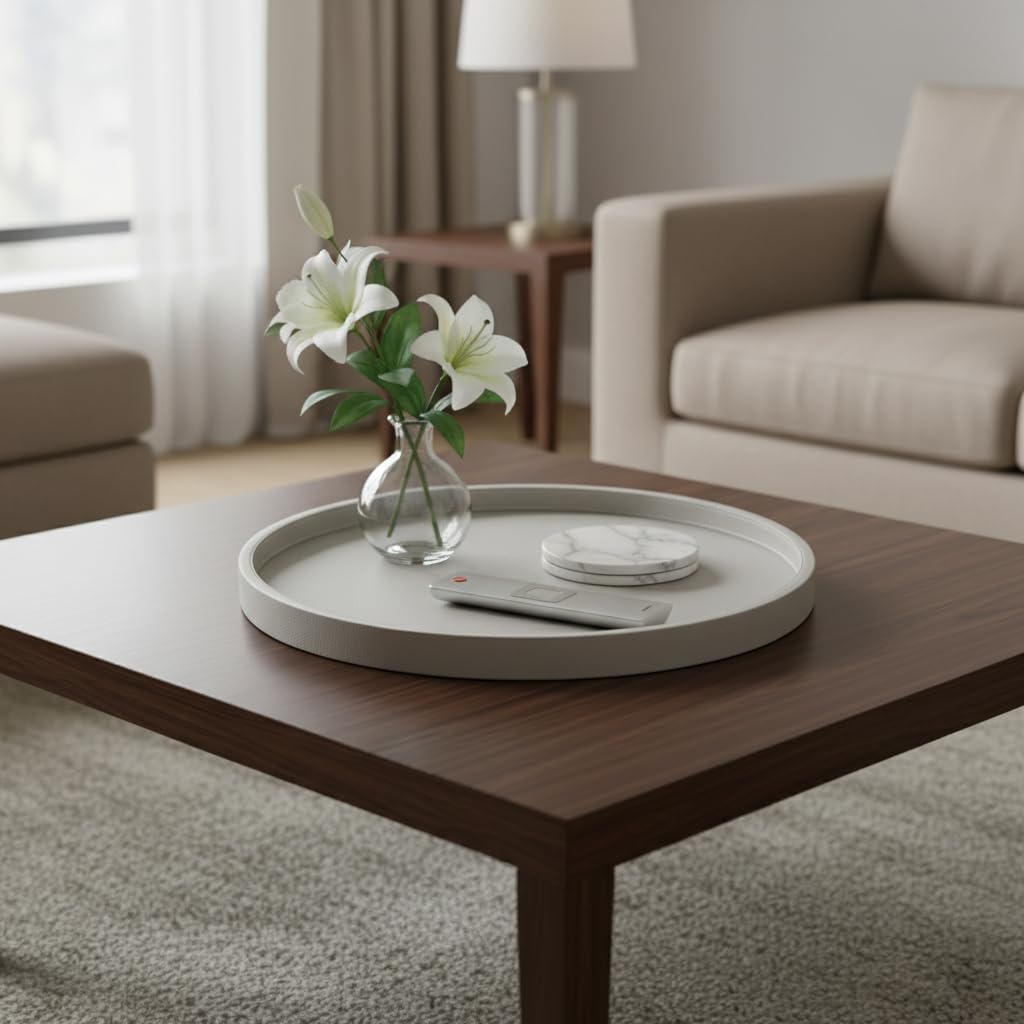 Galopgen 20-inch Round Ottoman Serving Tray - Textured PU Leather Coffee Table Decor, Waterproof Heat-Resistant Large Organizer for Home, Office, Bed & Party Essentials (Tranquil Beige, 20in)