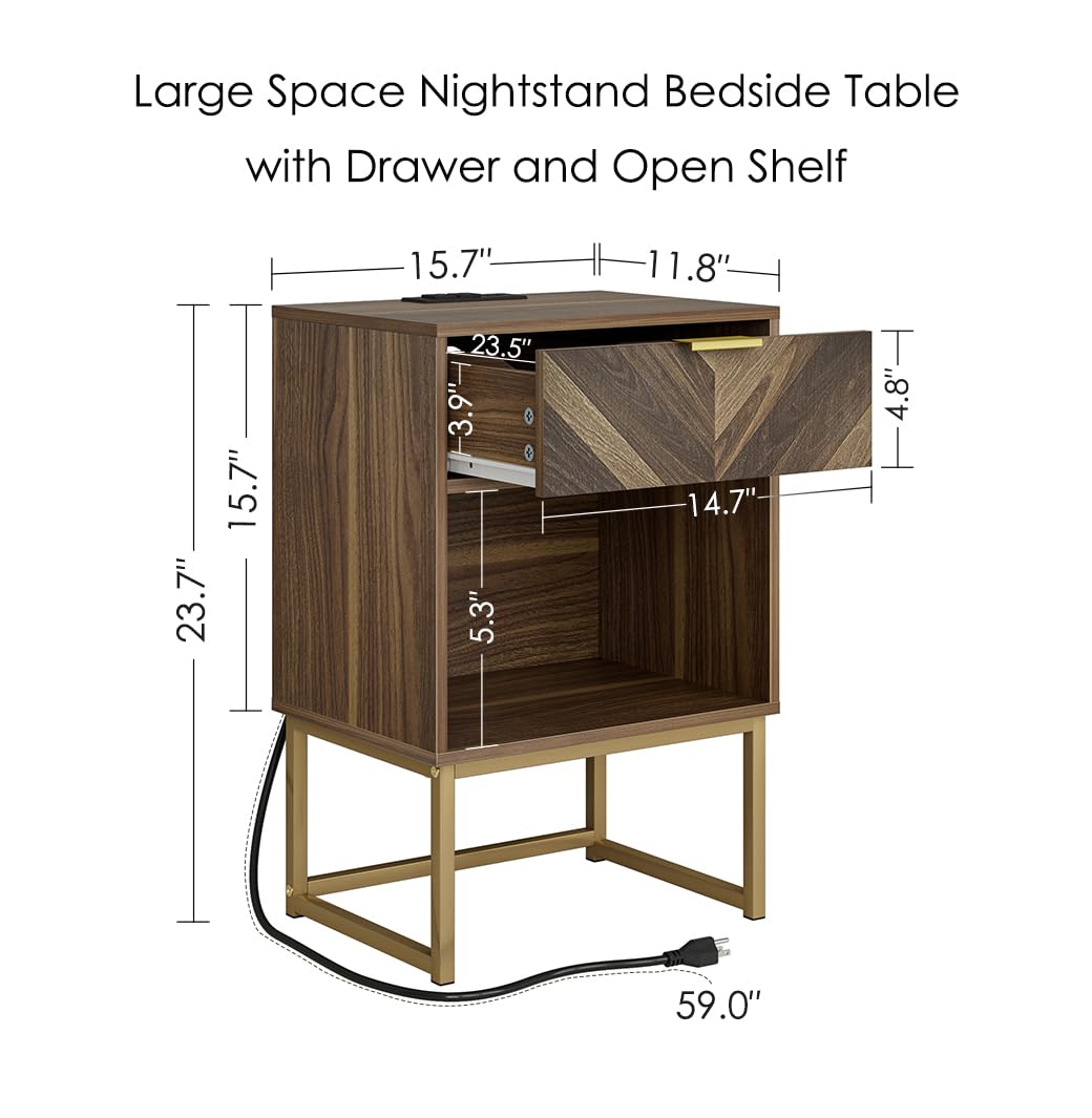 Masupu Nightstand with Charging Station,Modern Night Stand Boho Farmhouse Wood Bedside Table with Storage Drawer Side End Table for Bedroom,Living Room,Office,Walnut Brown with Outlet