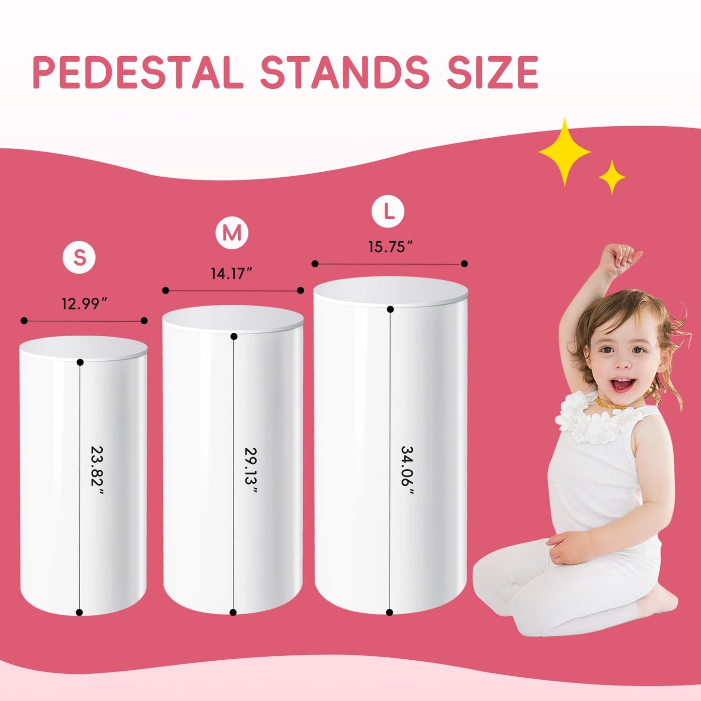 Gladeup 3 Pcs White PVC Cake Stand, Cylinder Pedestal Stands, Cylinder Stands for Party, with Weighted Water Bag & Spandex Cloth Cover for Wedding, Birthday Decor, 34.06''(L), 29.13''(M), 23.82''(S)