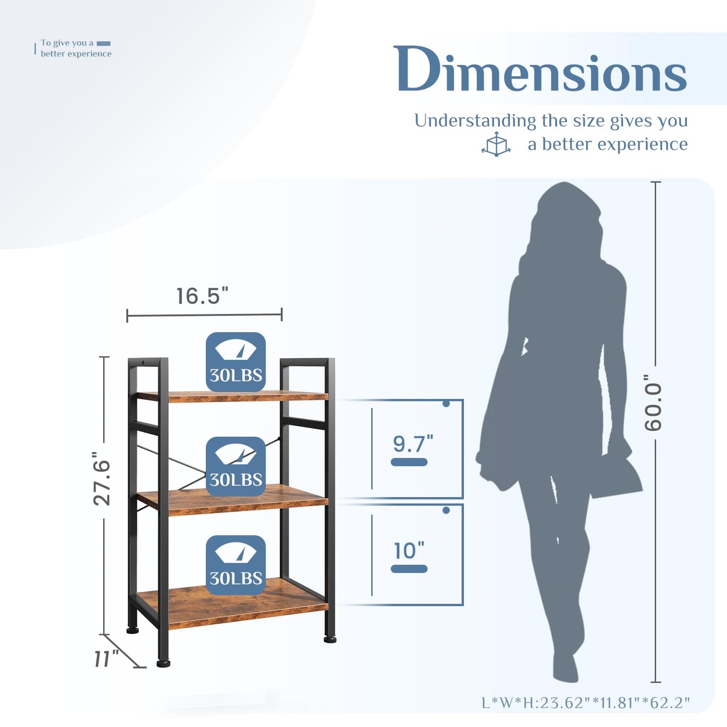 DUMOS 3 Tiers Open Bookshelf, Classic Freestanding Tall Display Shelf, Multifunctional Storage Organizer Rack for Living Room Home Office, Sturdy Bookcase for CDs/Books/Movies, Brown