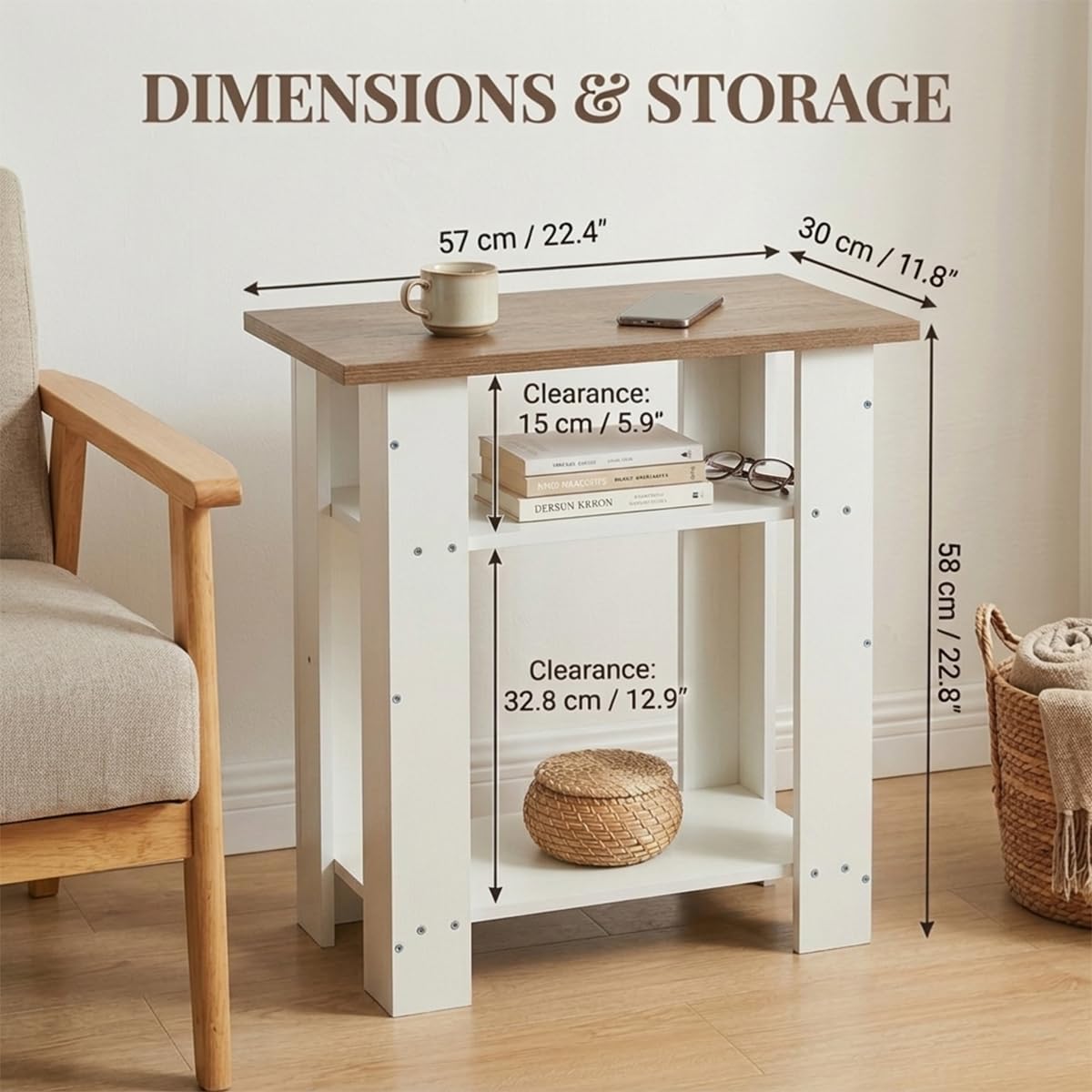 ZEXVIDA White Side Table with Oak Top, 3 Tier Modern Farmhouse End Table, Narrow White Nightstand for Bedroom, Nursery, Living Room, Coastal Small Bedside Table with Storage Shelves, 22.8" H