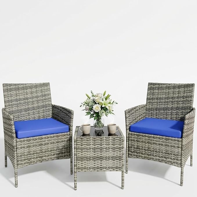 3 Piece Outdoor Patio Furniture Set, All-Weather PE Rattan Wicker Chairs