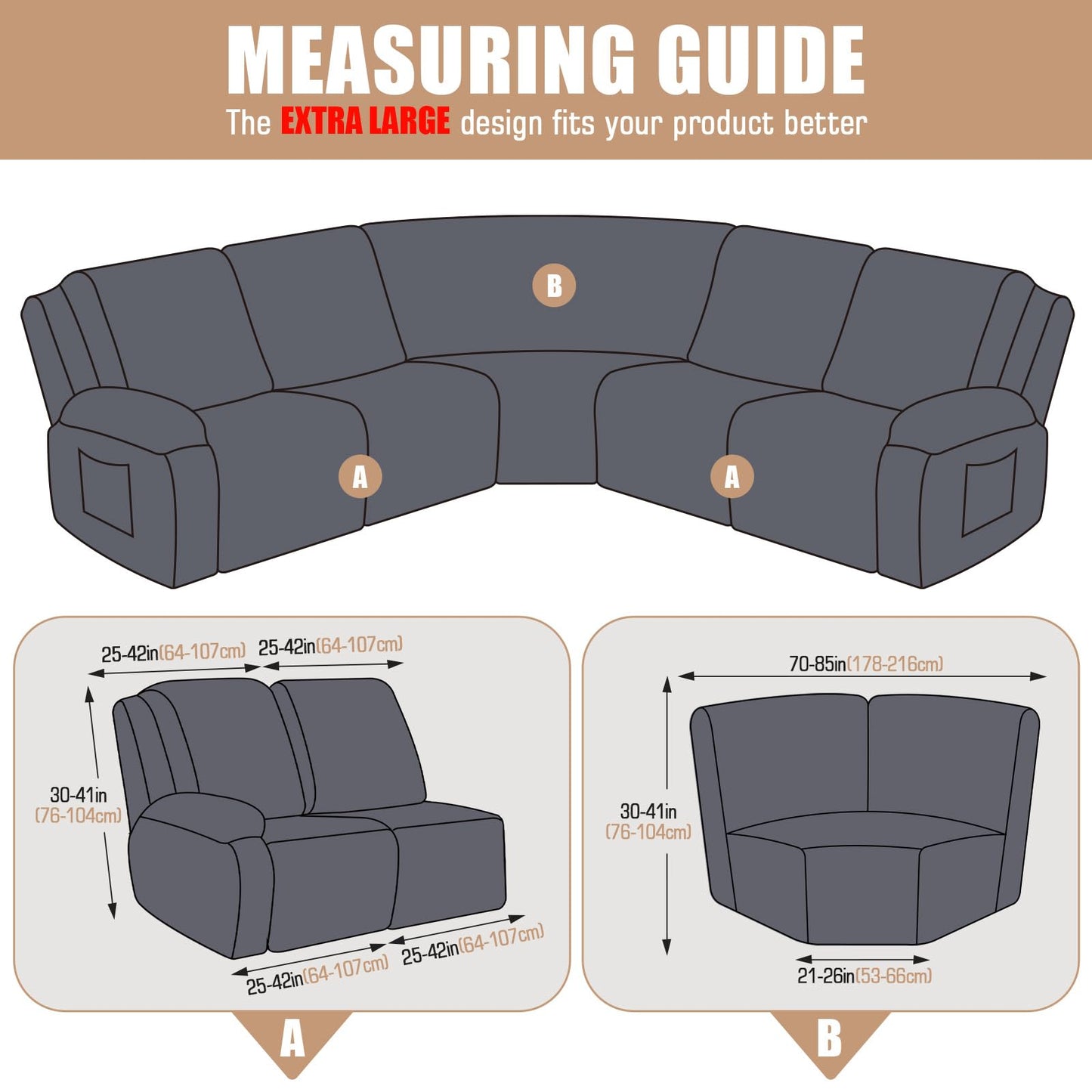 VANSOFY Extra Large Reclining Sectional Couch Covers, Washable 5-Piece Sofa Covers for L Shape Sectional Sofa Corner Seater, Thick, Soft Sofa Slipcovers (5 Seat Recliner Cover，Black)