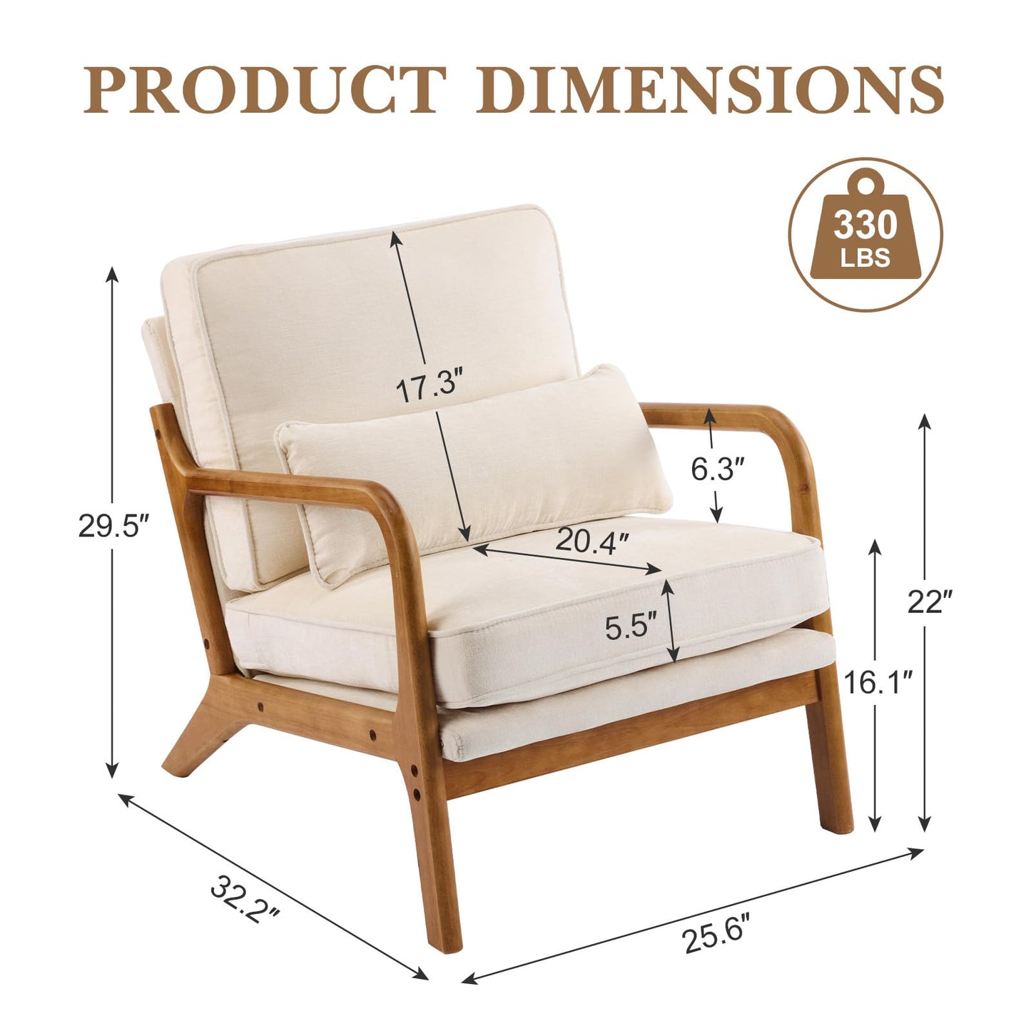 Karl home Mid Century Modern Accent Chair with Lumbar Pillow & Oak Arms – Plush Chenille Living Room Chair for Bedroom, Lounge (Creamy)