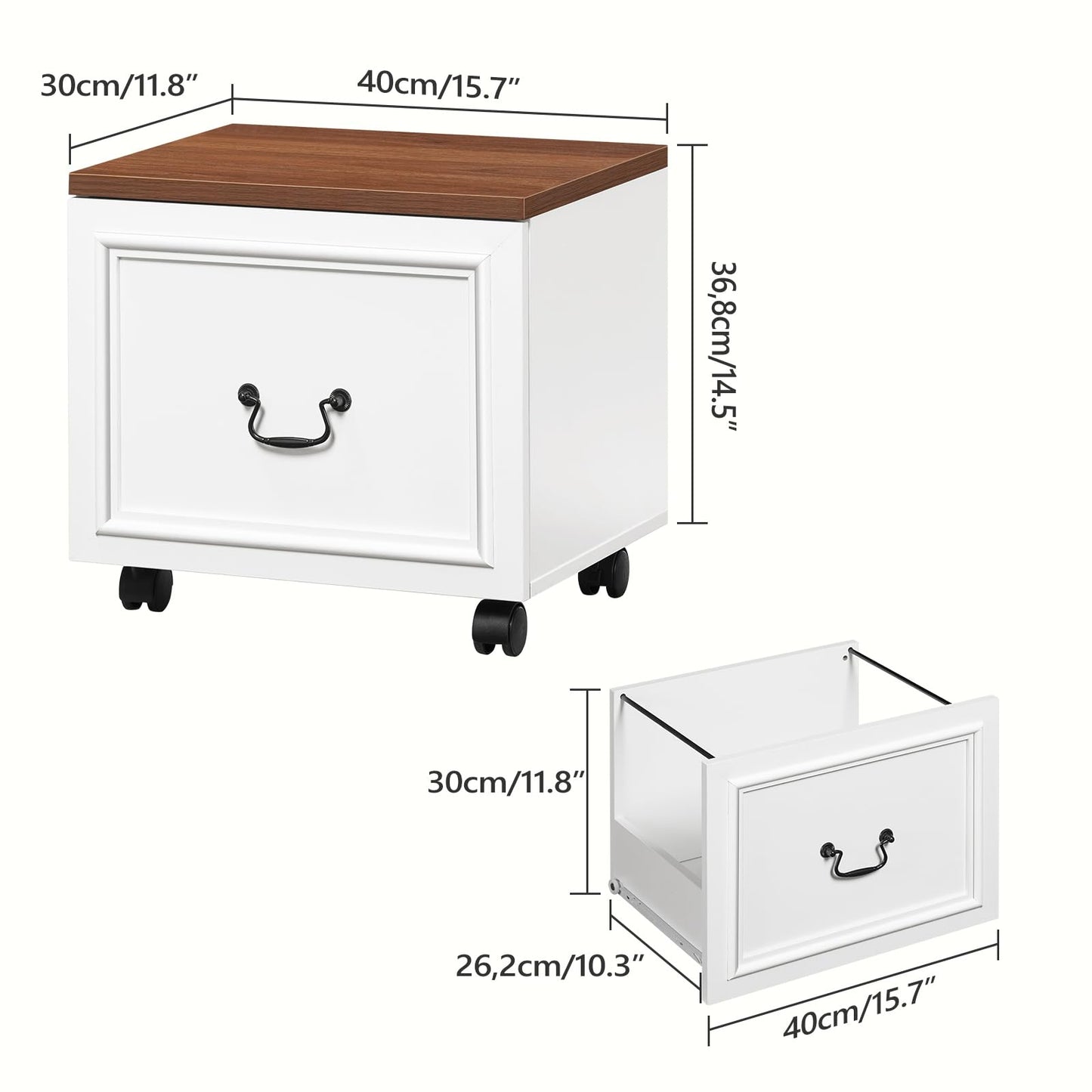 MAHANCRIS 1 Drawer File Cabinet, Rolling File Cabinet for Home Office, Wooden Under Desk Storage, Printer Stand with Drawers, for A4/Letter-Size Files, White and Walnut FCBA3701