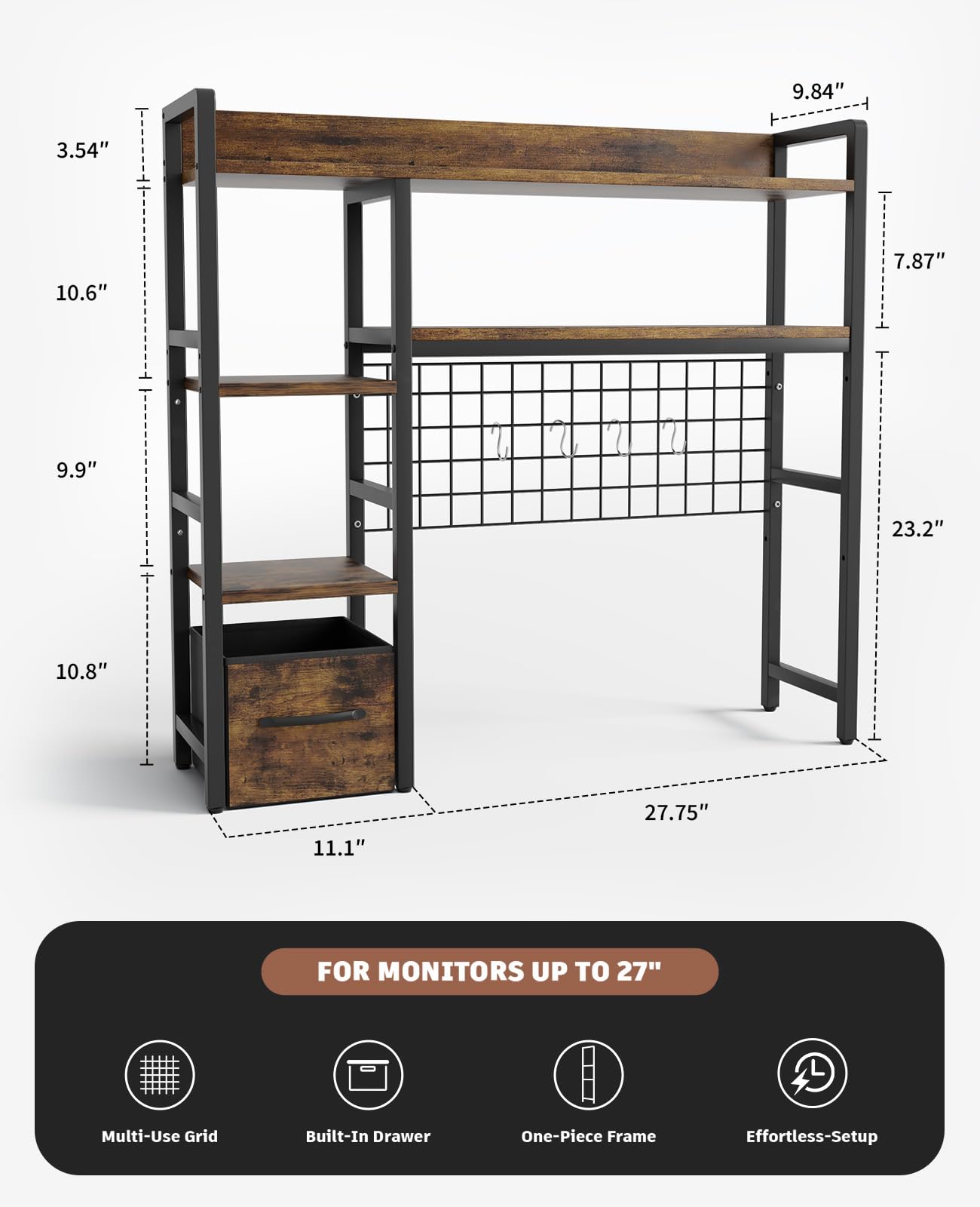 Rifoer Desk Hutch for Computer Monitor, 38.6" Over Desk Shelf with Grid Panel & Woven Drawer, 4-Tier Sturdy Metal and Wood Tabletop Storage Rack for College Dorm, Home Office, Rustic Brown