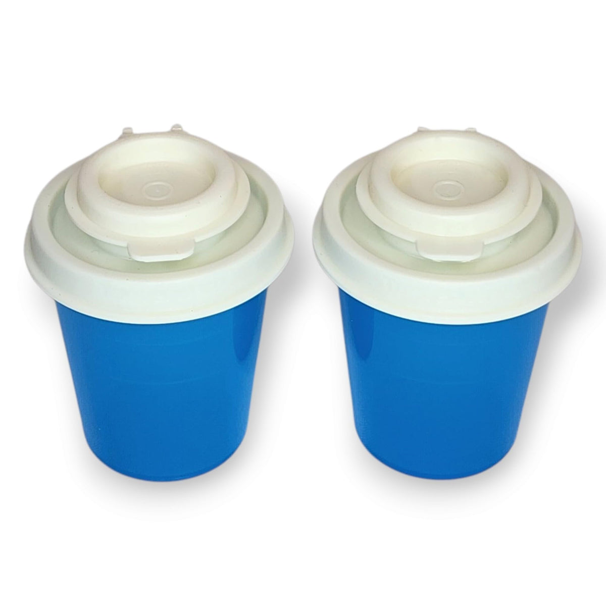 Tupperware Mini Salt and Pepper Shakers Set of 2 Mini Midgets 2 oz Azure Blue with Cream Lids