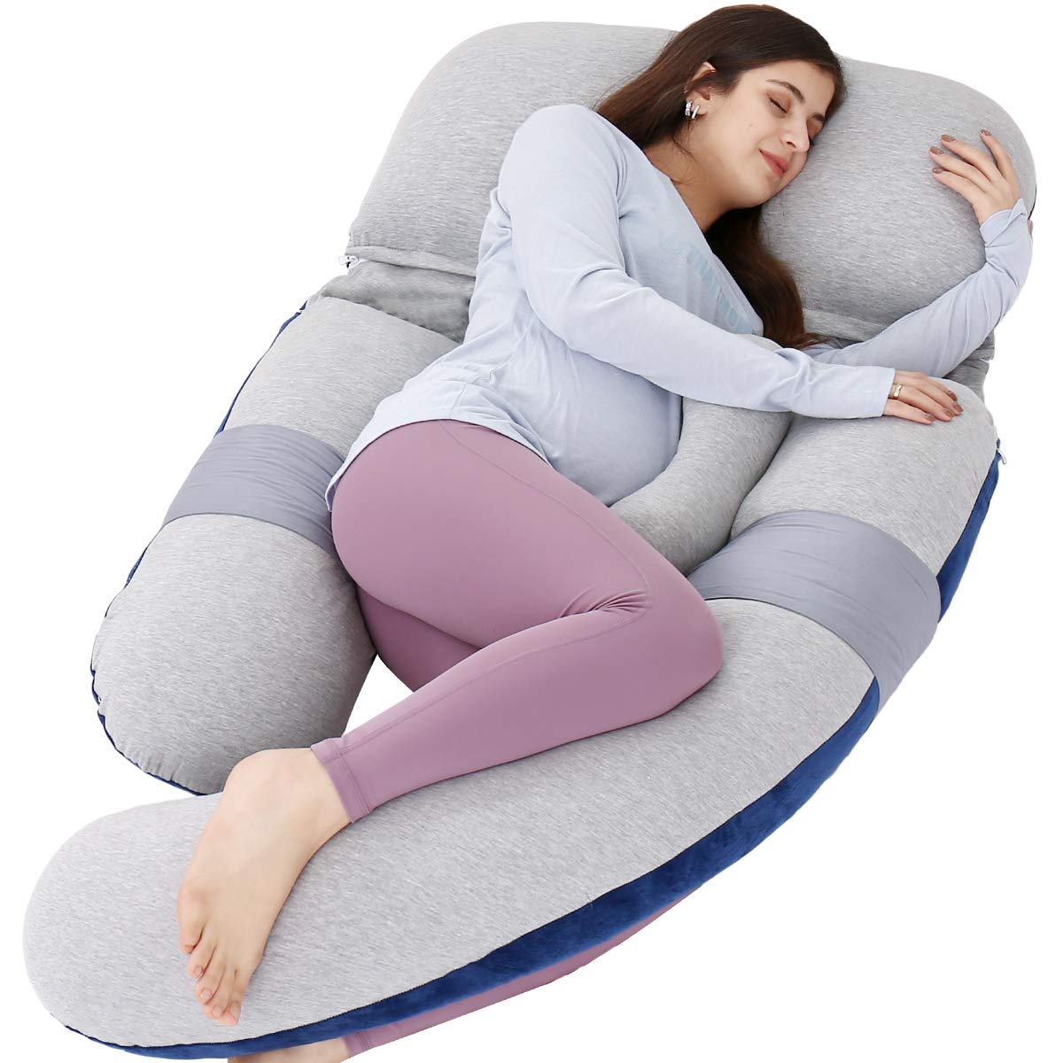 AS AWESLING 60in Full Body Pillow | Nursing, Maternity and Pregnancy Pillow | Extra Large U Shape Pillow with Detachable Side, Separate Support Pillow and Removable Cover (Velvet Blue&Jersey Grey)