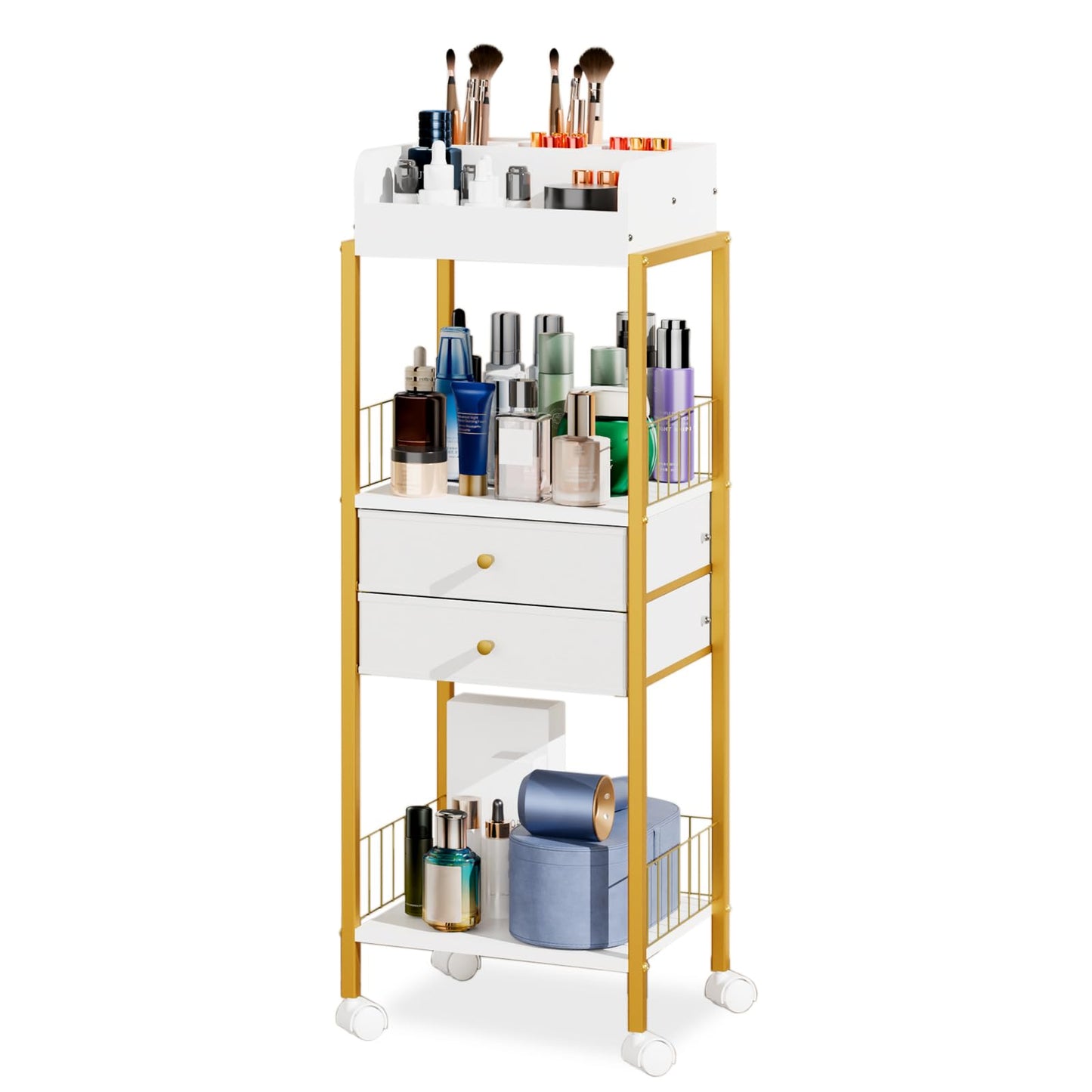 Makeup Organizer Cart Shelf Floor Skincare Organizers Make Up and Station Storage Cabinet For Vanity Standing Cosmetics With Drawers and Wheels For Nail Polish Perfume Hair Tool Holder Beauty(Gold)