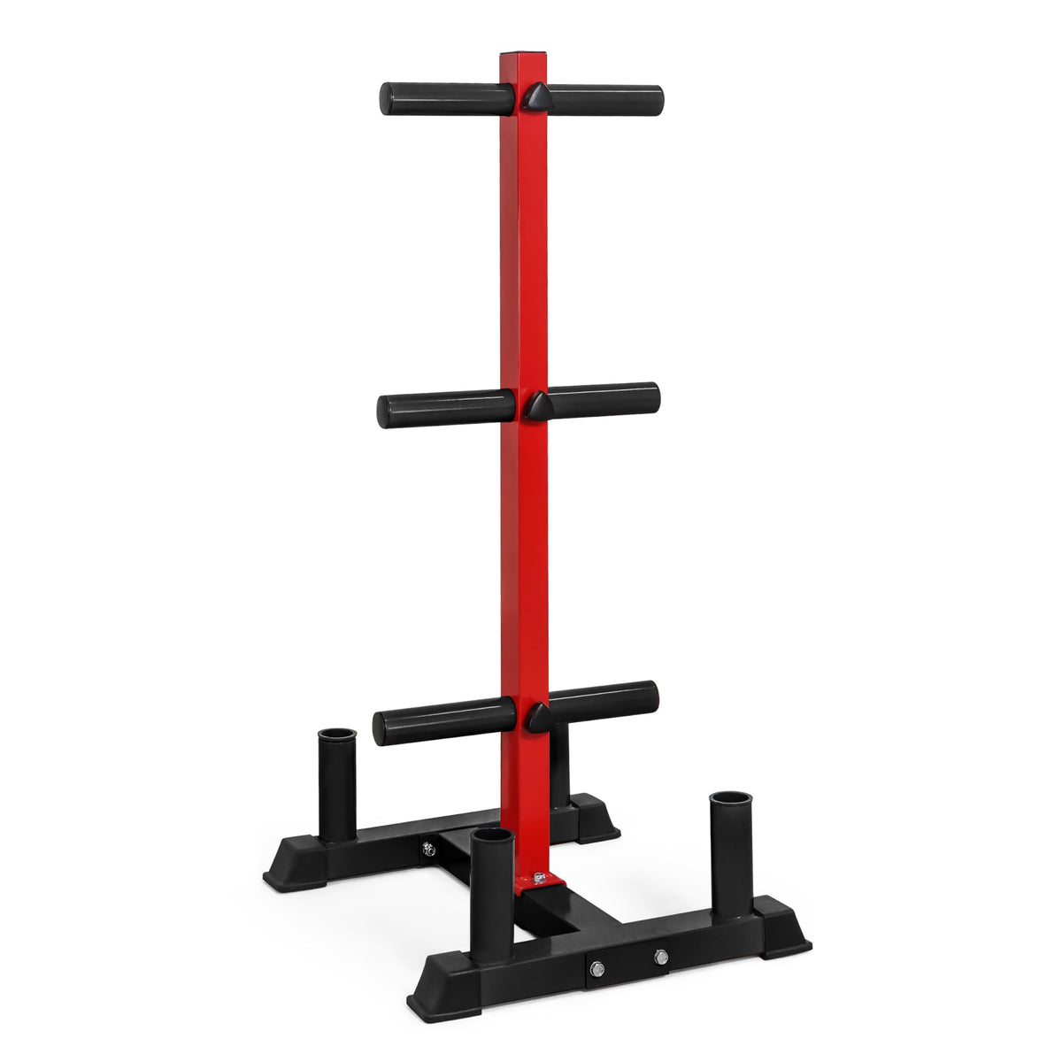 CAP Barbell Olympic Bumper Plate Tree Rack with 6 Weight Plate Posts and 4 Barbell Storage Holders – Heavy-Duty Steel Gym Organizer for Olympic Plates and Bars - Black/Red