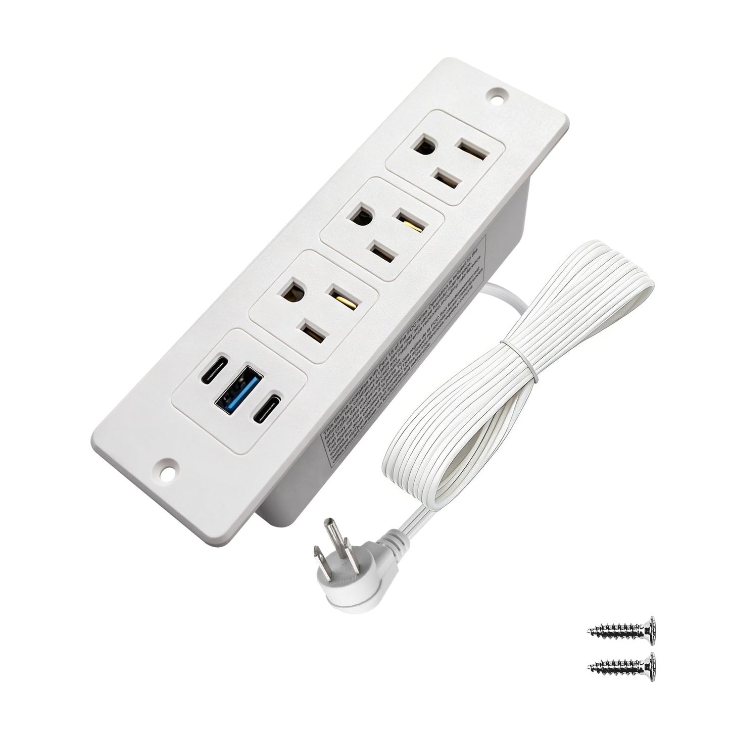 Furniture Recessed Power Strip with USB C 20W & USB A 18W,3 Outlets 3 USB Ports(2 USB C+1 USB A),Flush Mountable Electrical Outlet for Desk Cabinet Nightstand Counter, 6.56ft Flat Plug Cord (White)