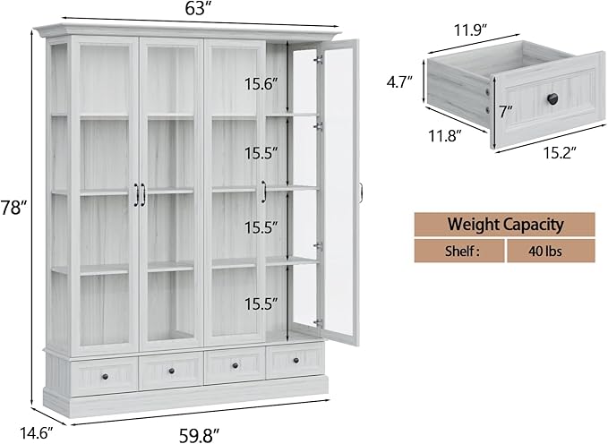 78" Large Storage Cabinet with Glass Doors, China Hutch, Farmhouse Kitchen
