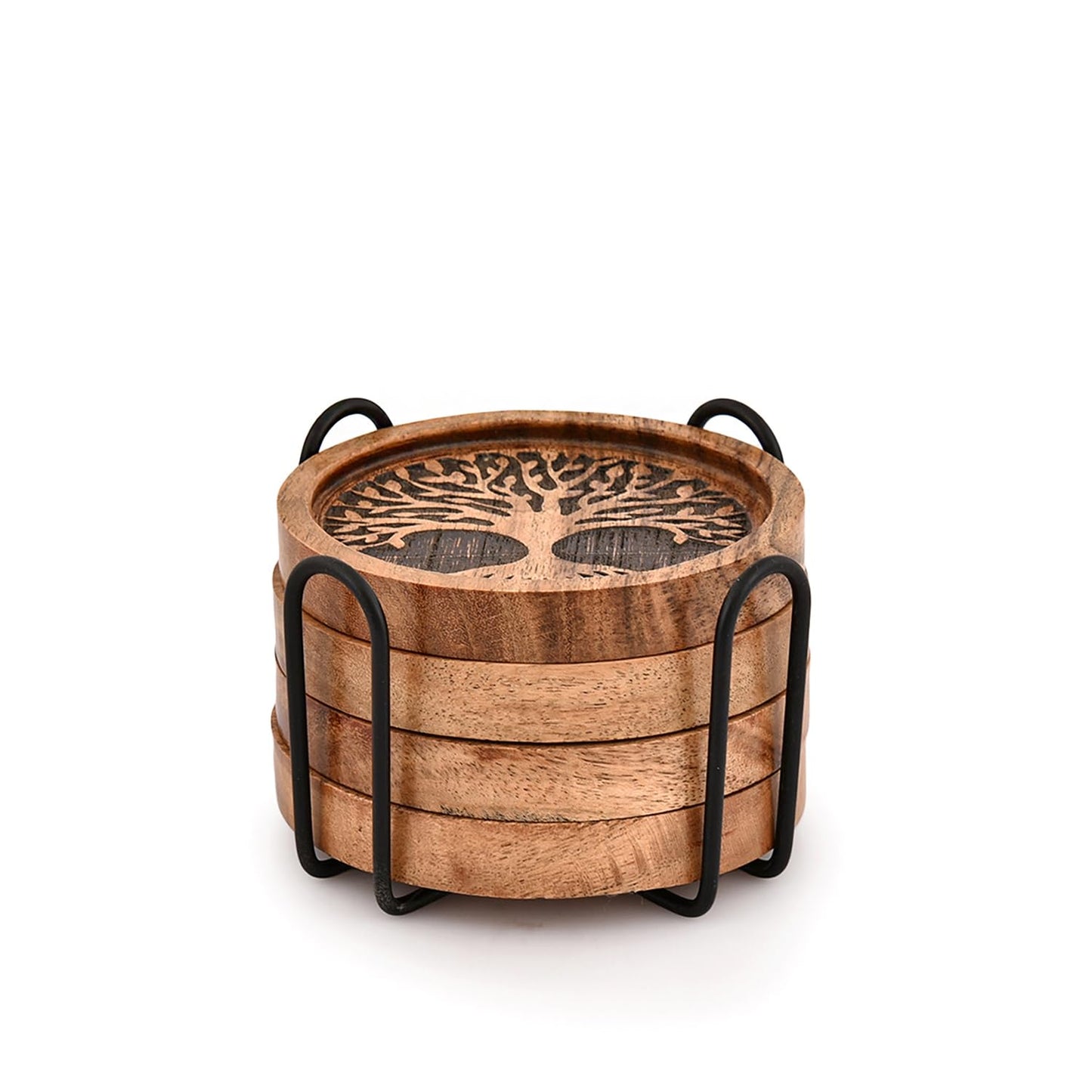Kaizen Casa Coasters Set of 4 Acacia Wood Round Wooden Tree of Life Coasters for Drinks with Iron Holder for Modern Home Decor, Home Dining Table Décor (4" X 4" X 0.5)