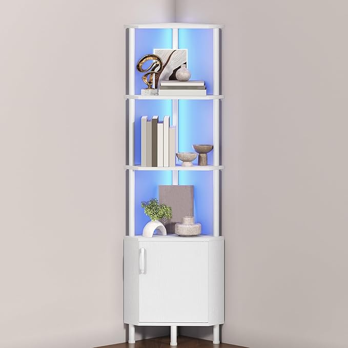 HOOBRO Corner Cabinet with LED Light, Corner Shelf Stand with Storage and Doors