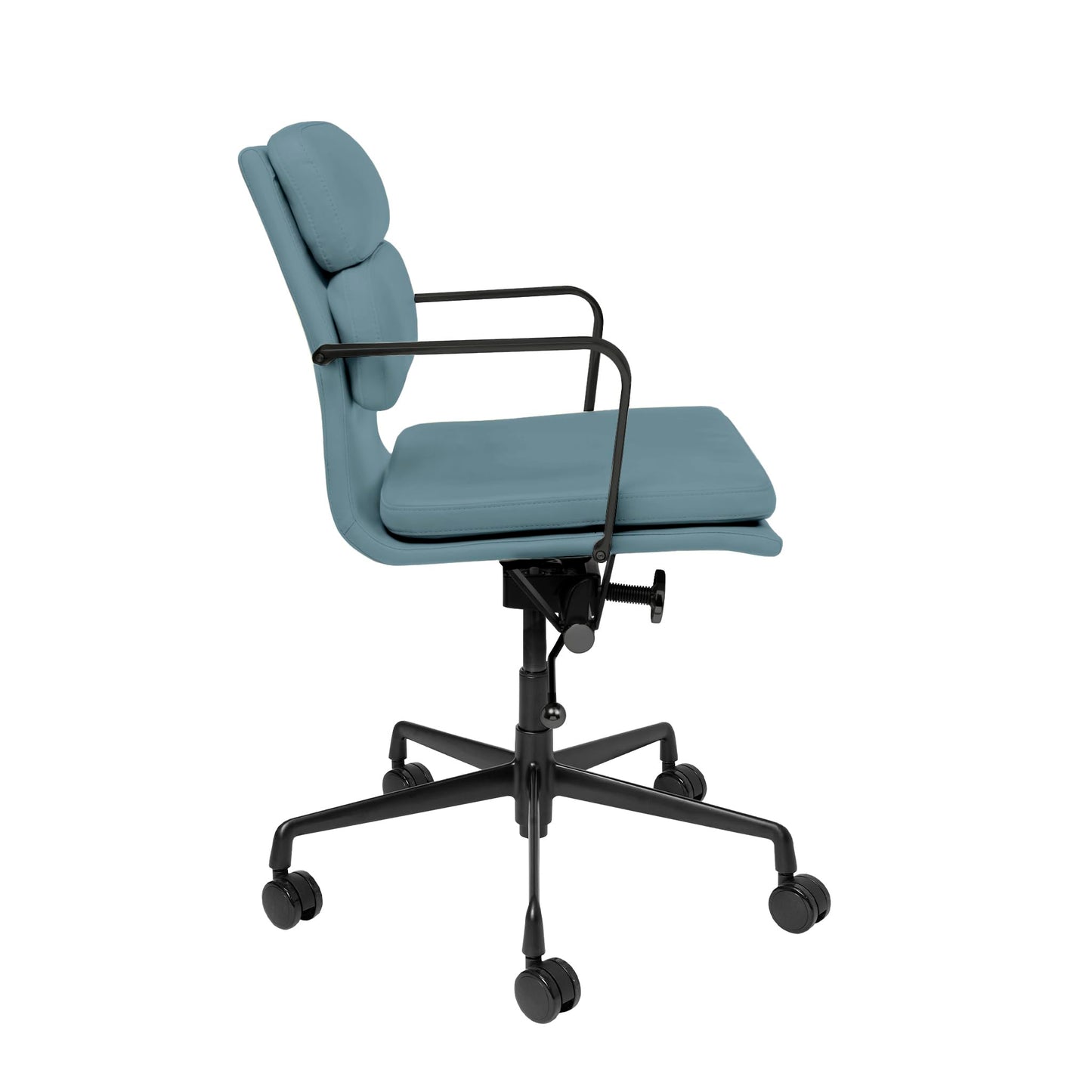 Laura Davidson Furniture SOHO II Padded Management Office Chair - Mid Back Desk Chair with Arm Rest, Swivel & Cushion Availability, Made of Faux Leather, Coastal Blue with Black Frame, Computer Chair