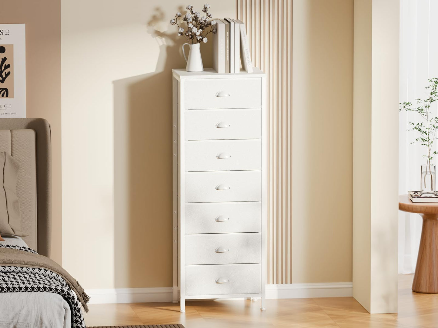 Furnulem White Tall Dresser for Bedroom with 7 Drawers, Vertical Chest of Drawer in Closet, Nightstand Storage Tower Unit Organizer with Fabric Bins for Dorm,Living Room,Entryway,Hallyway