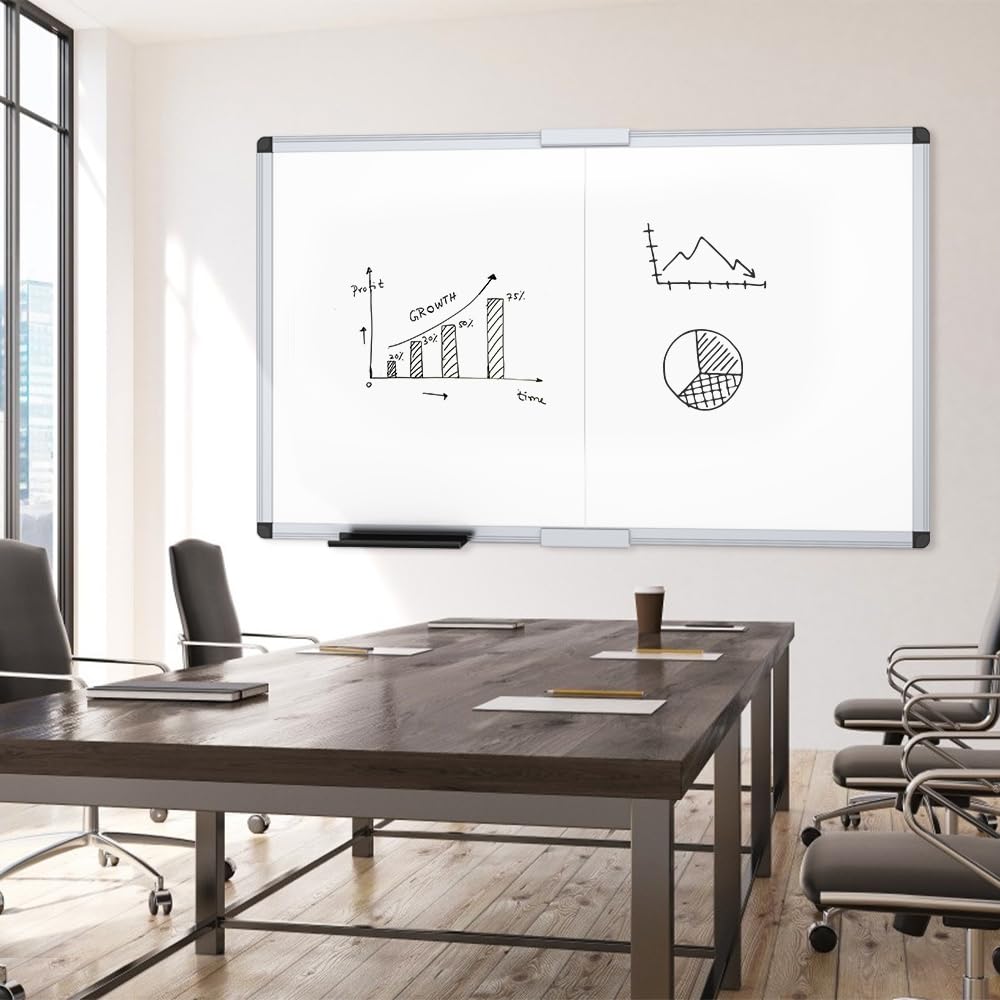 VIZ-PRO Magnetic Dry Erase Board, 60 X 36 Inches, Foldable Wall-Mounted Whiteboard with Silver Aluminum Frame & Marker Tray for School Office and Home 5' X 3'