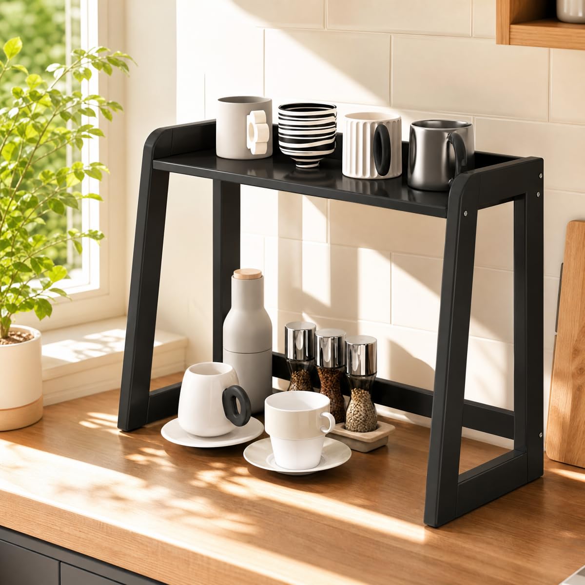 XIKEMADI Natural Bamboo Coffee Station Organizer, 2-Tier Wooden Kitchen Counter Shelf for Bar Accessories, Multi-Functional Countertop Storage Rack for Syrup Bottles & Coffee Essentials (Black)