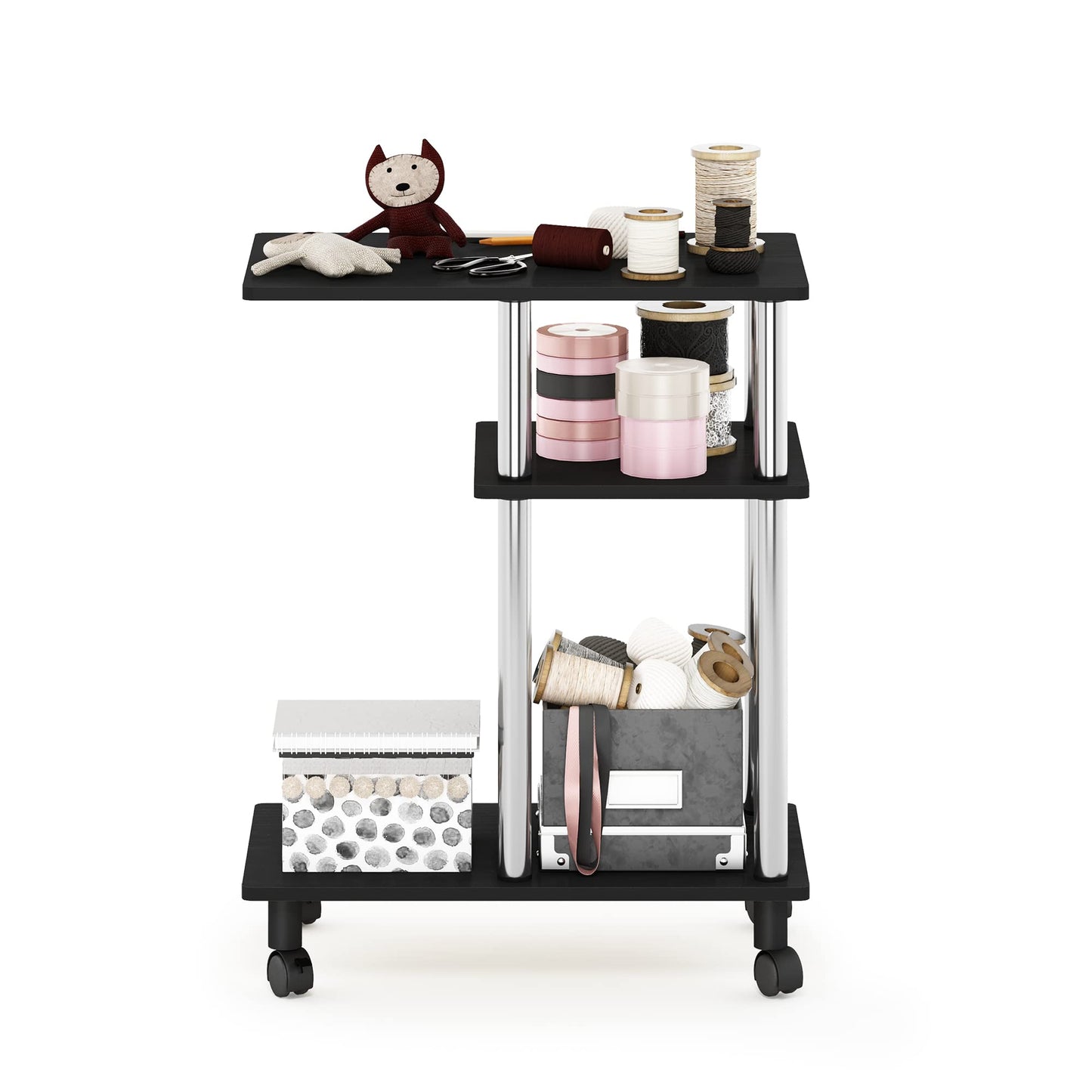 Furinno Turn-N-Tube C Shaped Side Table with Casters, Americano/Stainless Steel