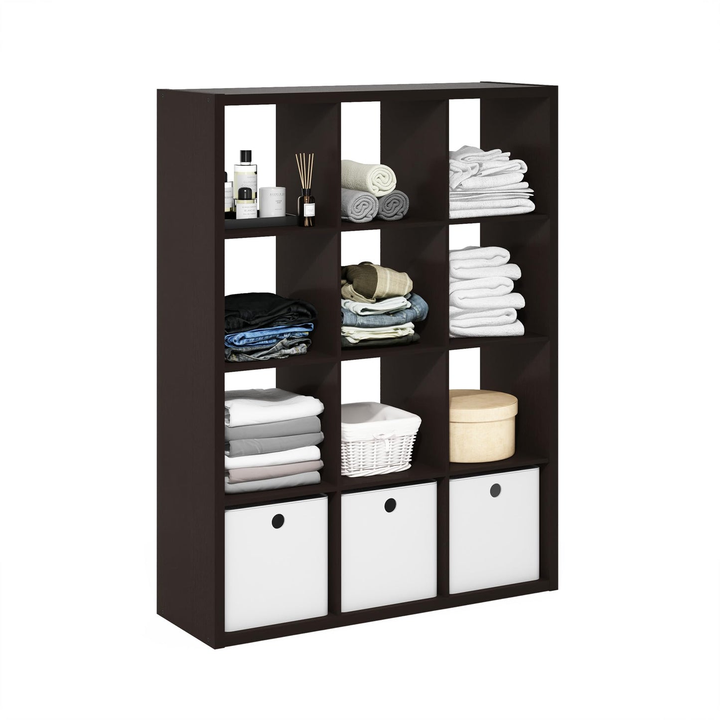 Furinno Cubicle Book Shelf, 12-Cube Bookshelf, Extra Thick Frame Reversible Bookcase with Open Back, 14.6" x 44" x 58", for Living Room, Bedroom, Home Office, Black Dark Oak
