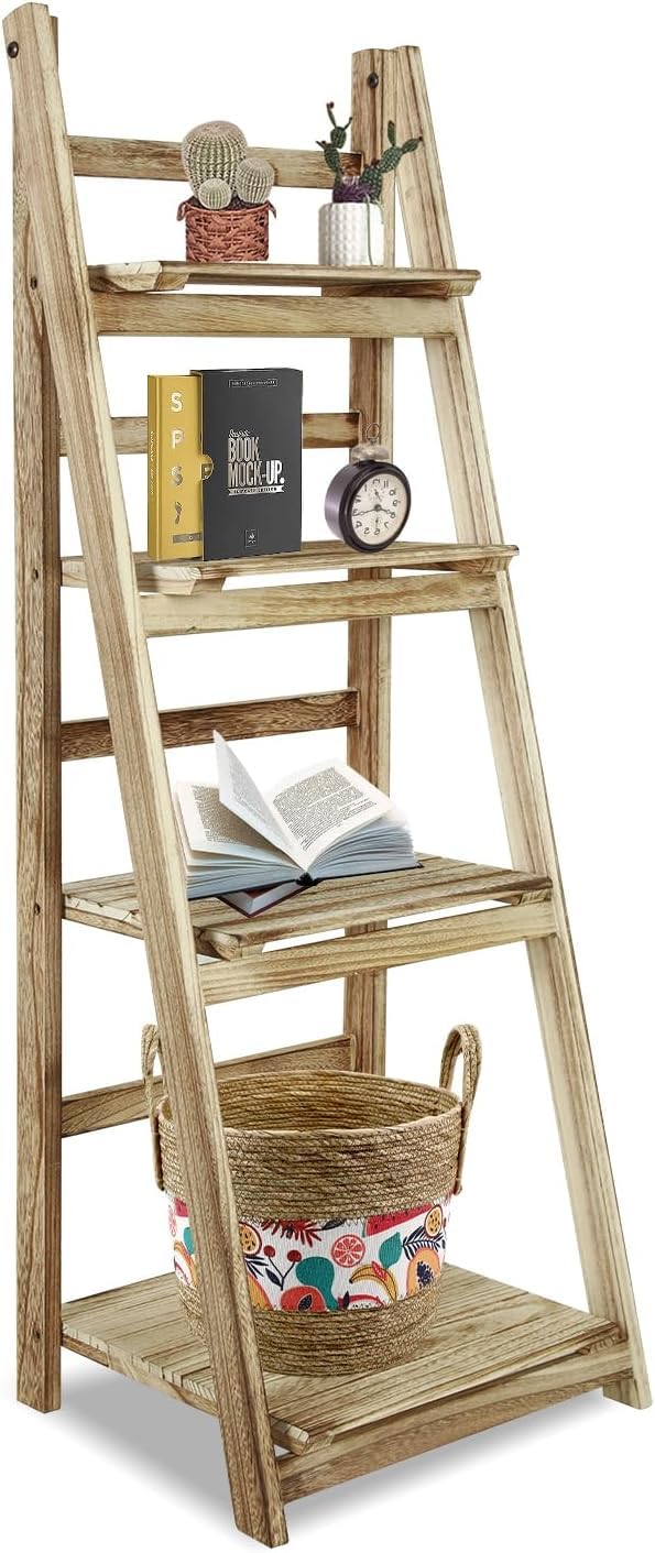 Wooden Ladder Shelf 4 Tier Bookshelf Foldable Storage Rack for Home, Bedroom, or Office (Natural Color)