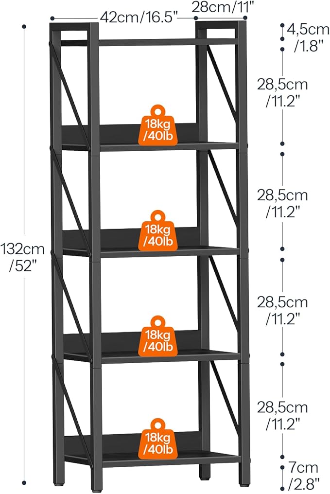 HOOBRO Bookshelf, 5-Tier Industrial Bookcase, Book Shelf Storage Organizer