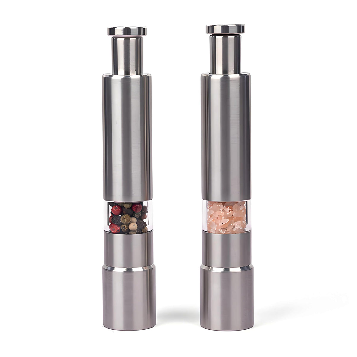 One handed seasoning spice mill gadgets, push button salt and pepper grinder, Solid Stainless, 1 Pcs or Buy more, silver