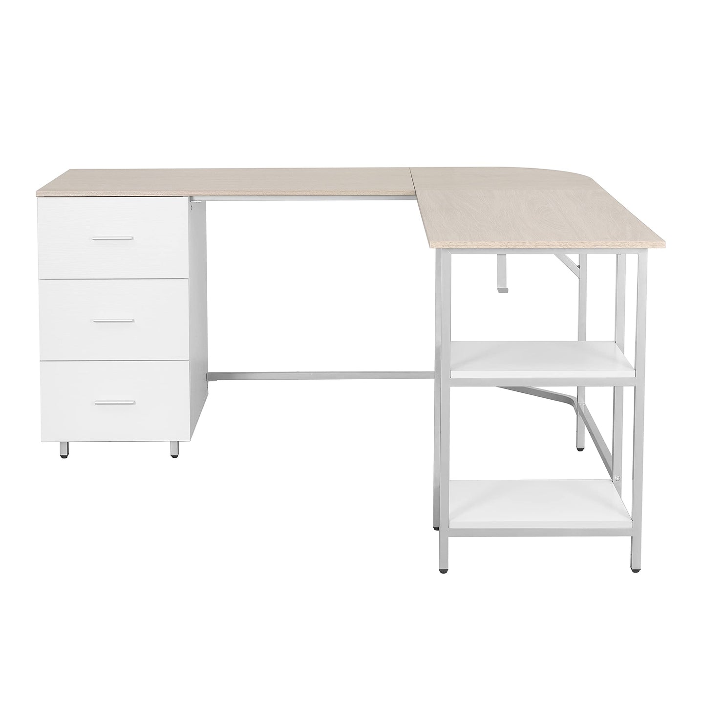 Techni Mobili L Shaped Desk - Two-Toned Computer Desk with Drawers & Storage Shelves - Simple Modern Furniture & Home Office Space Corner Table for Work & Writing