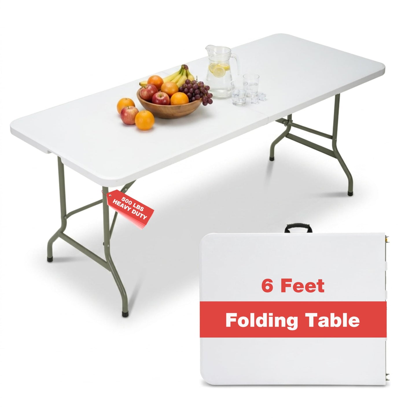 GlowitLian Folding Table 6ft, Heavy-Duty 500lbs Weight Capacity Foldable Table with HDPE Top & Steel Legs, Portable 6 Foot Picnic Table for Indoor Outdoor Parties, Camping, Event