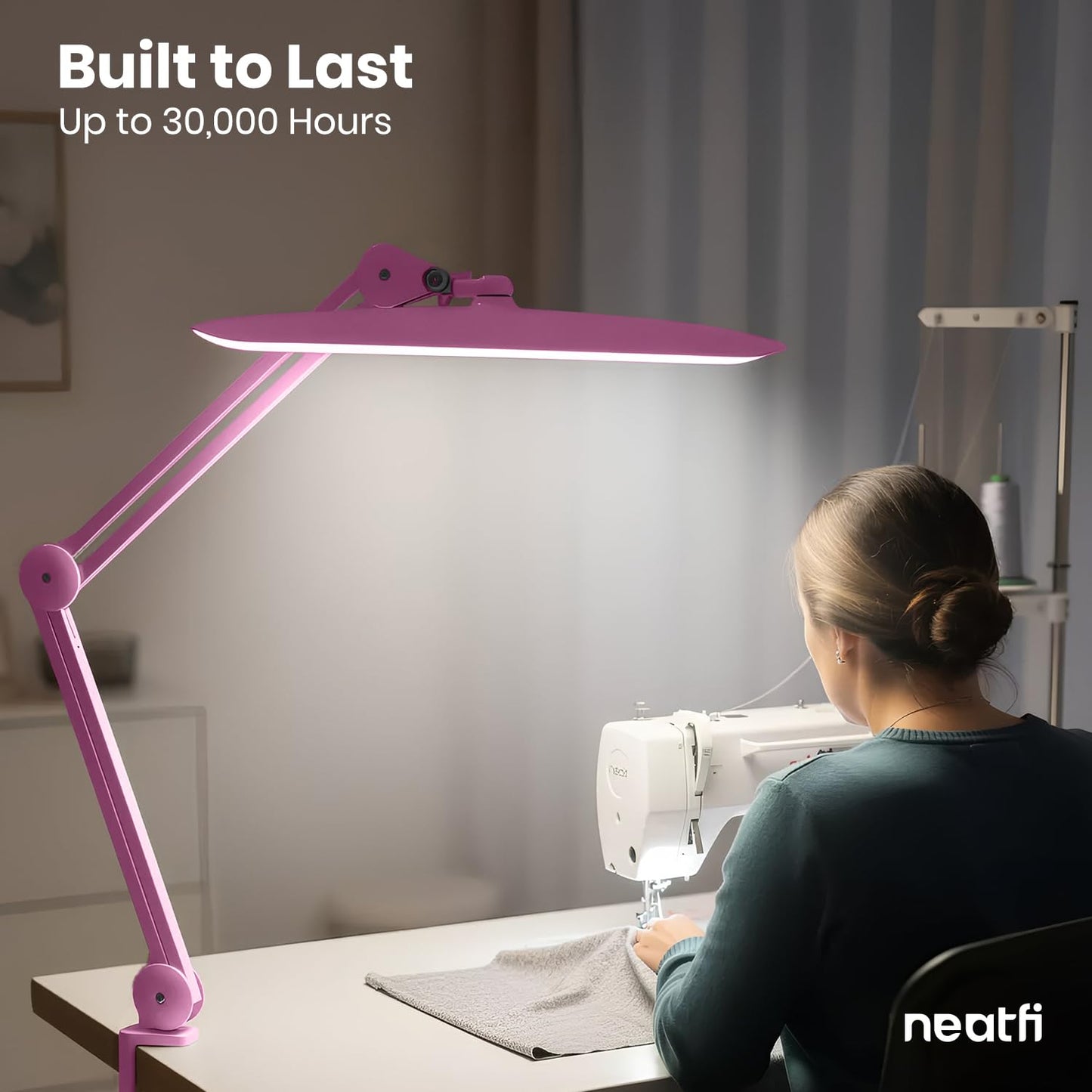 Neatfi XL 2200 Lumens 24W LED Desk Lamp – Shadow-Free Task Lighting | 4-Level Dimming | Home Office & Crafts Use | 20-Inch Wide Head (Pink, Non-CCT with Clamp)