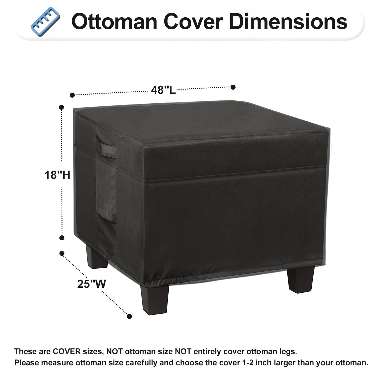 OutdoorLines Outdoor Waterproof Patio Ottoman Covers - Rectangle UV-Proof Patio Side Table Cover Windproof Heavy-Duty Furniture Covering Protector 48L x 25W x 18H Inch, Black