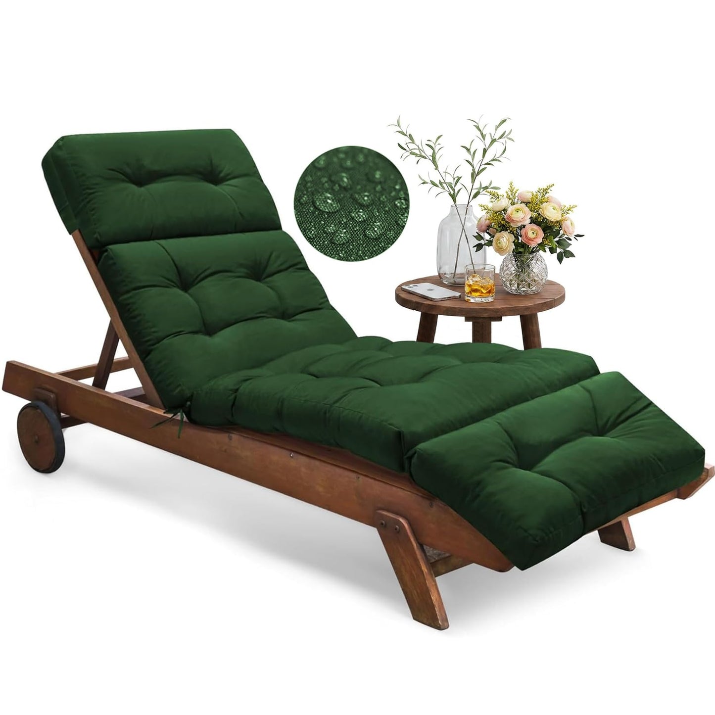 Tycdiose Outdoor Chaise Lounge Chair Cushion Waterproof 74.4 x 22 x 4.7 Inches Memory Foam Lounge Chair Cushions Replacement for Outdoor Furniture with Ties, Thickened Pool Lounge Chair Cushion, Green