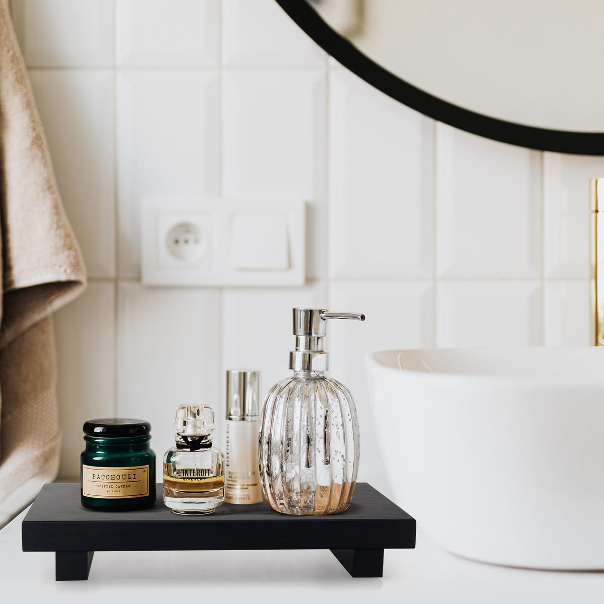 Black Bathroom Vanity Counter Tray Decor Farmhouse Wood Risers Kitchen Soap Sink Tray for Countertop Decorative Hand Soap Dispenser Holder Wooden Pedestal Stand Modern Bathroom Organizer Accessories