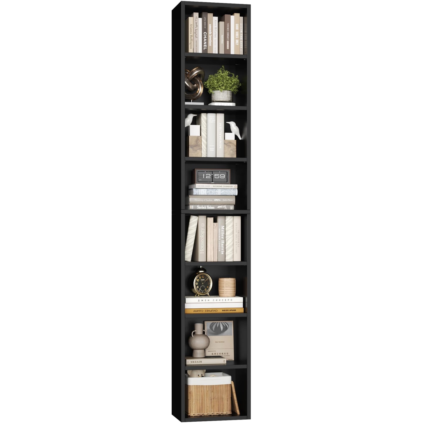 FOTOSOK 8-Tier Media Tower Rack, 11.6 X 9.3 X 70.9 Inches CD DVD Slim Storage Cabinet with Adjustable Shelves, Tall Narrow Bookcase Display Bookshelf for Home Office, Black
