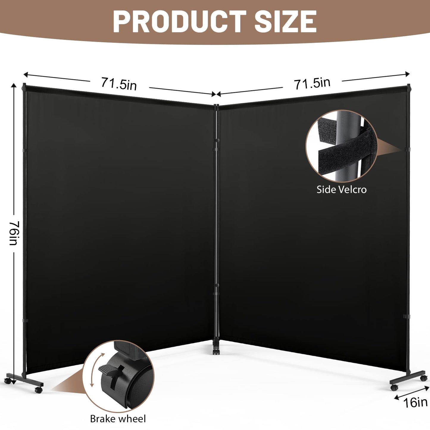 VAMFUTRE 2 Panels Room Divider/Privacy Screen with Caster Wheels and Brakes - Stylish and Versatile Partition for Home,Office,School and Restauran (Black, 12FT*6FT)