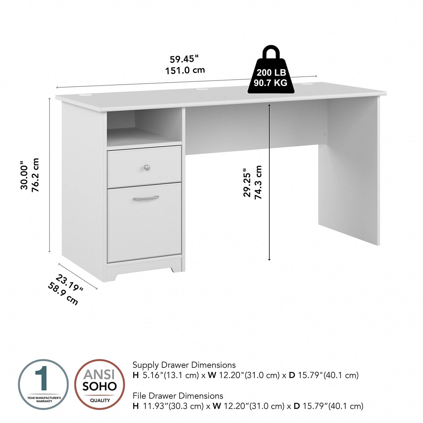 Bush Furniture Cabot 60W Office Desks for Home Office with Storage and Chrome Hardware, Elegant Computer Table with Drawers, White