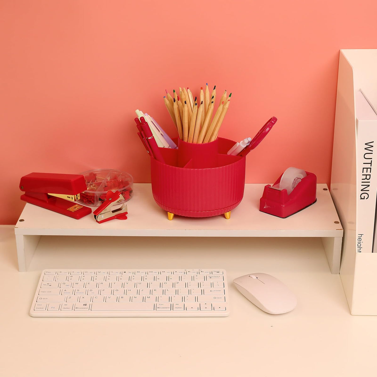 SKYDUE Red Office Supplies Set, Pencil Holder for Desk, Stapler, Tape Dispenser, Scissors,Clips and 1000pcs Staples, Office Decor for Women, Red Desk Accessories